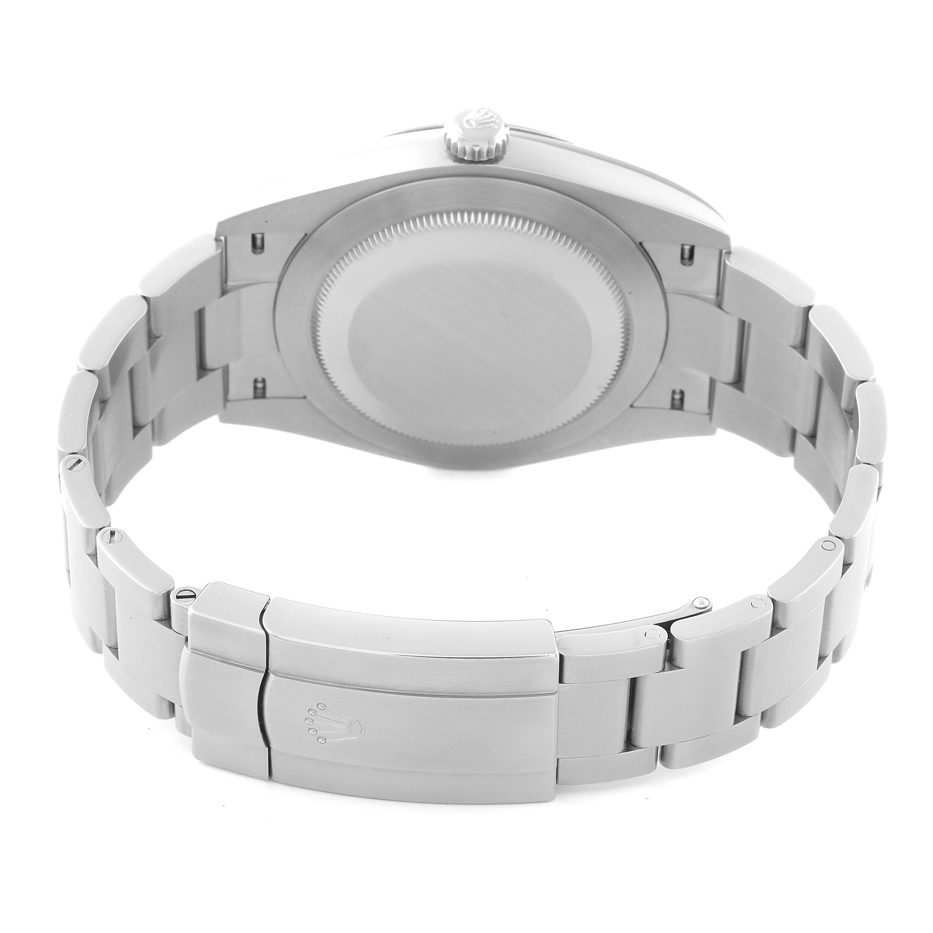 The image shows the back and bracelet of a Rolex Oyster Perpetual 124300 Men's Stainless Steel Green Dial 124300 Men's Stainless Steel Green Dial watch from a rear angle.