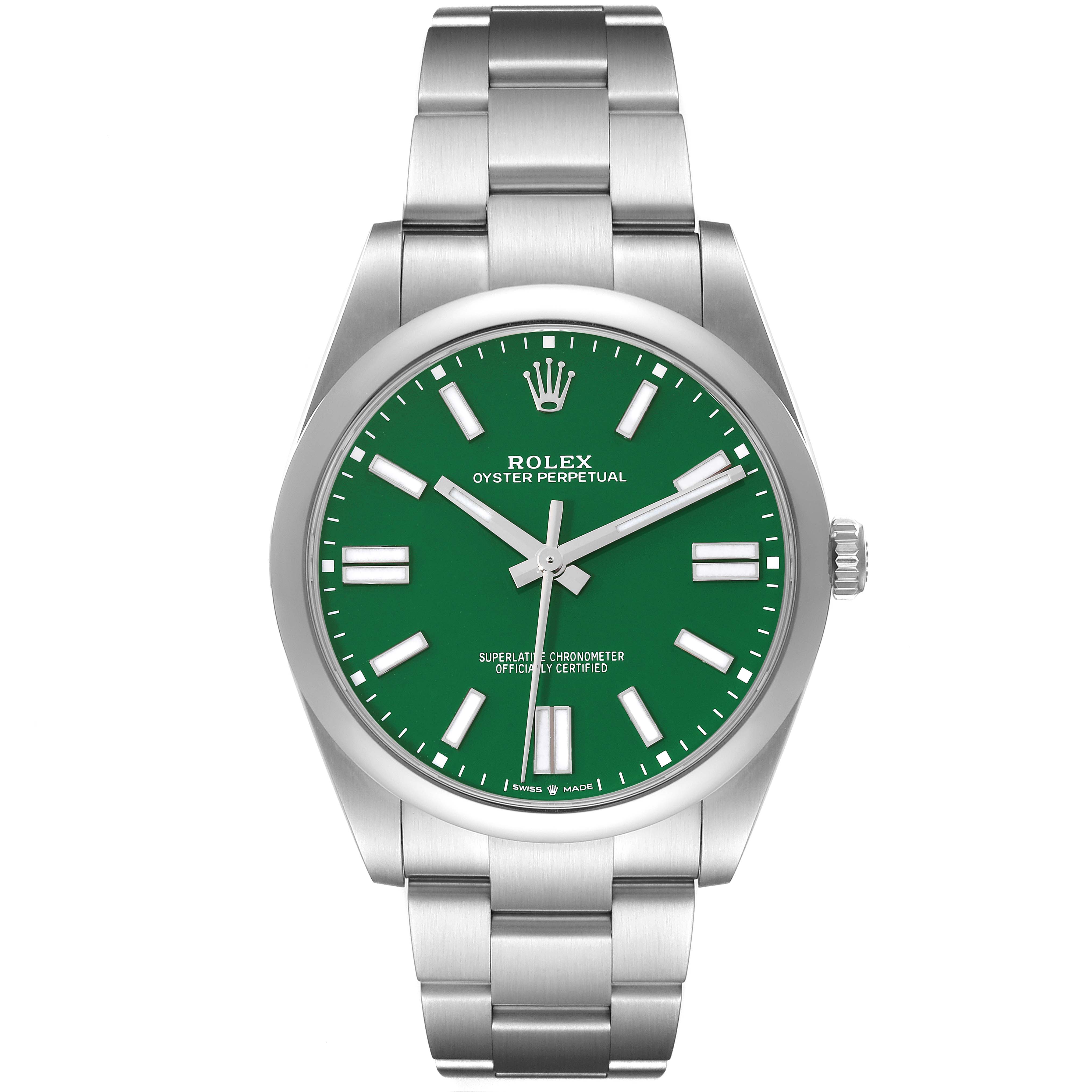 The image shows a frontal view of a Rolex Oyster Perpetual 124300 Men's Stainless Steel Green Dial 124300 Men's Stainless Steel Green Dial watch, displaying the green dial, hands, hour markers, crown, and bracelet.