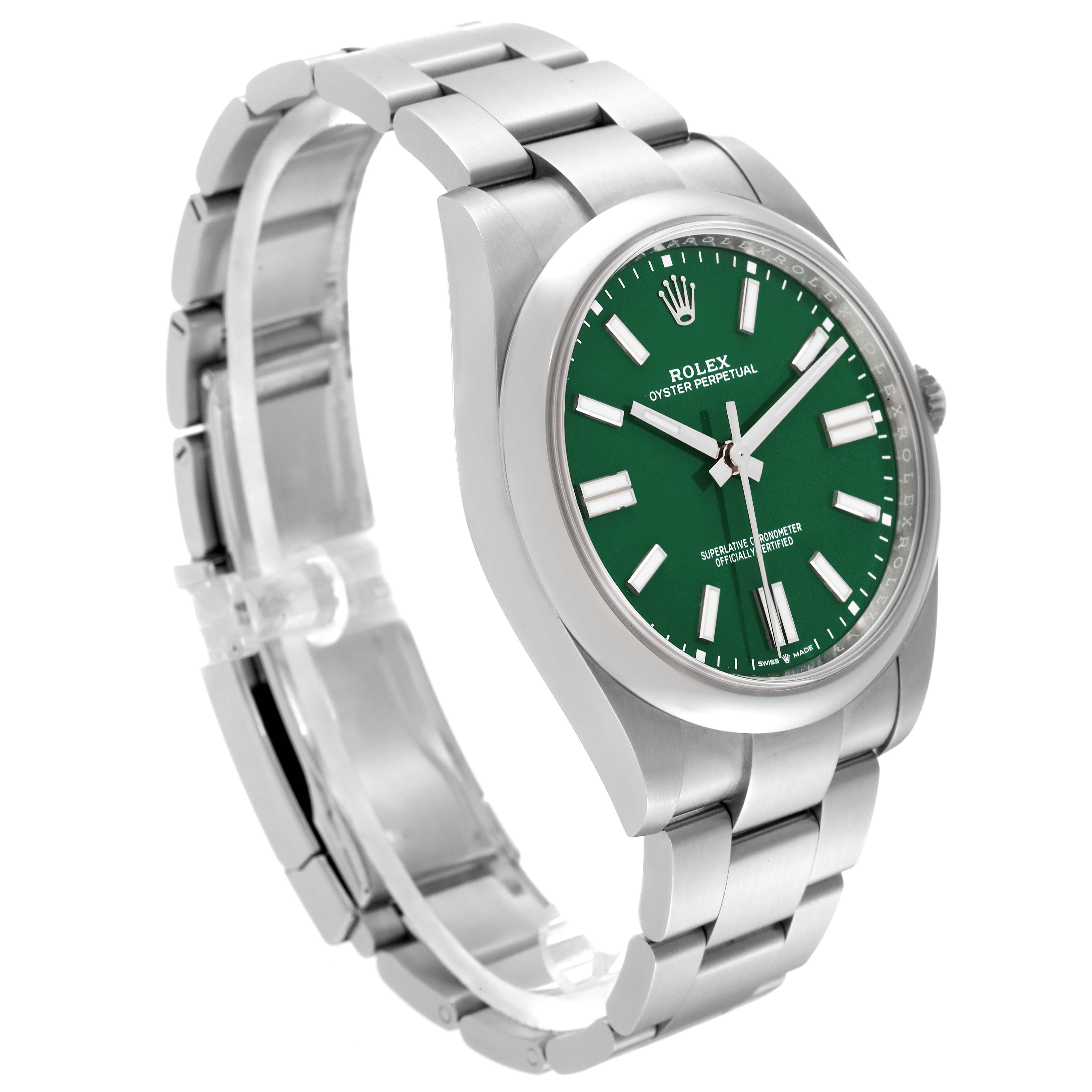The image shows a Rolex Oyster Perpetual 124300 Men's Stainless Steel Green Dial 124300 Men's Stainless Steel Green Dial watch at a 3/4 angle, highlighting the green dial, stainless steel bracelet, and clasp.