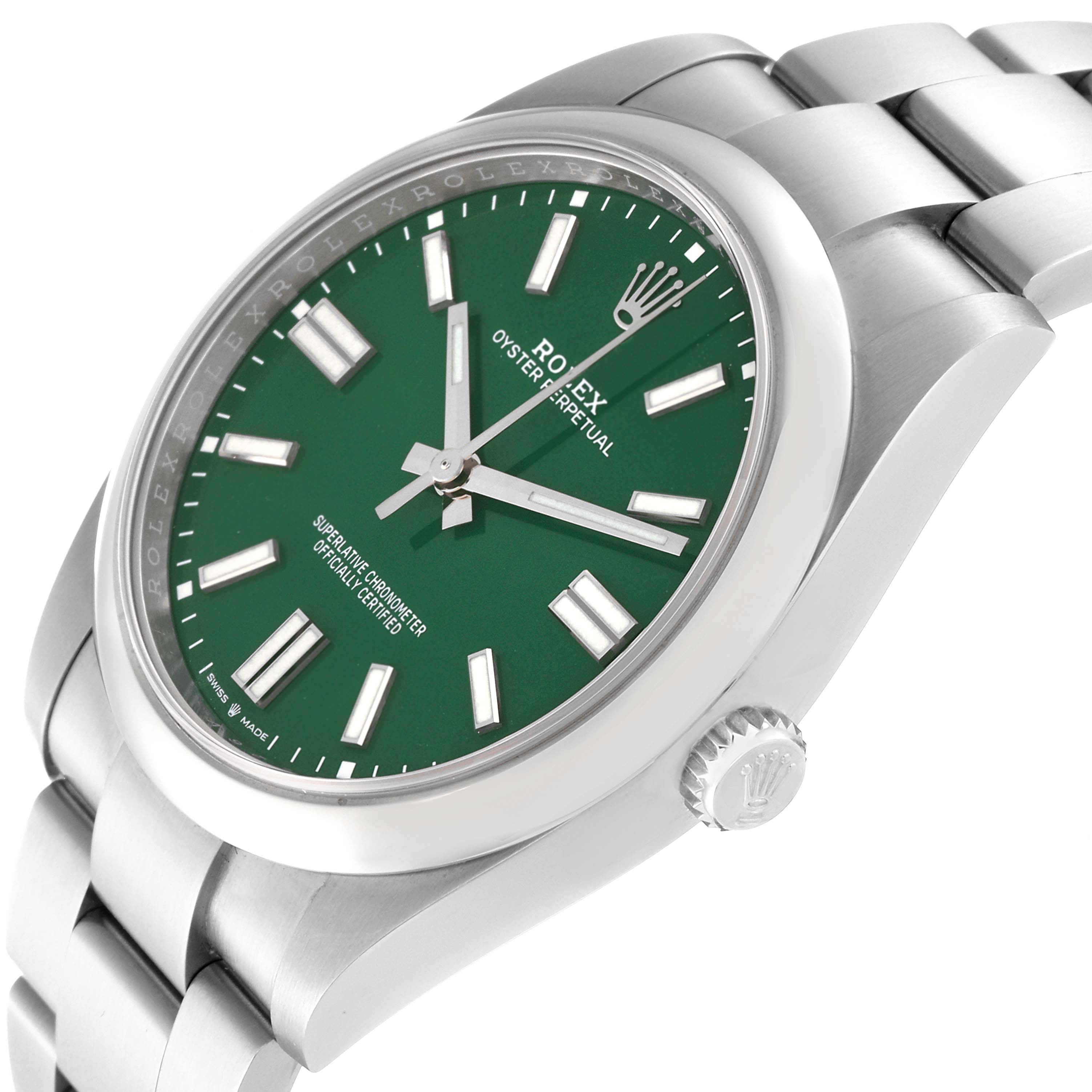 The image shows a side-angle view of the Rolex Oyster Perpetual 124300 Men's Stainless Steel Green Dial 124300 Men's Stainless Steel Green Dial watch, highlighting its green dial, stainless steel case, and bracelet.