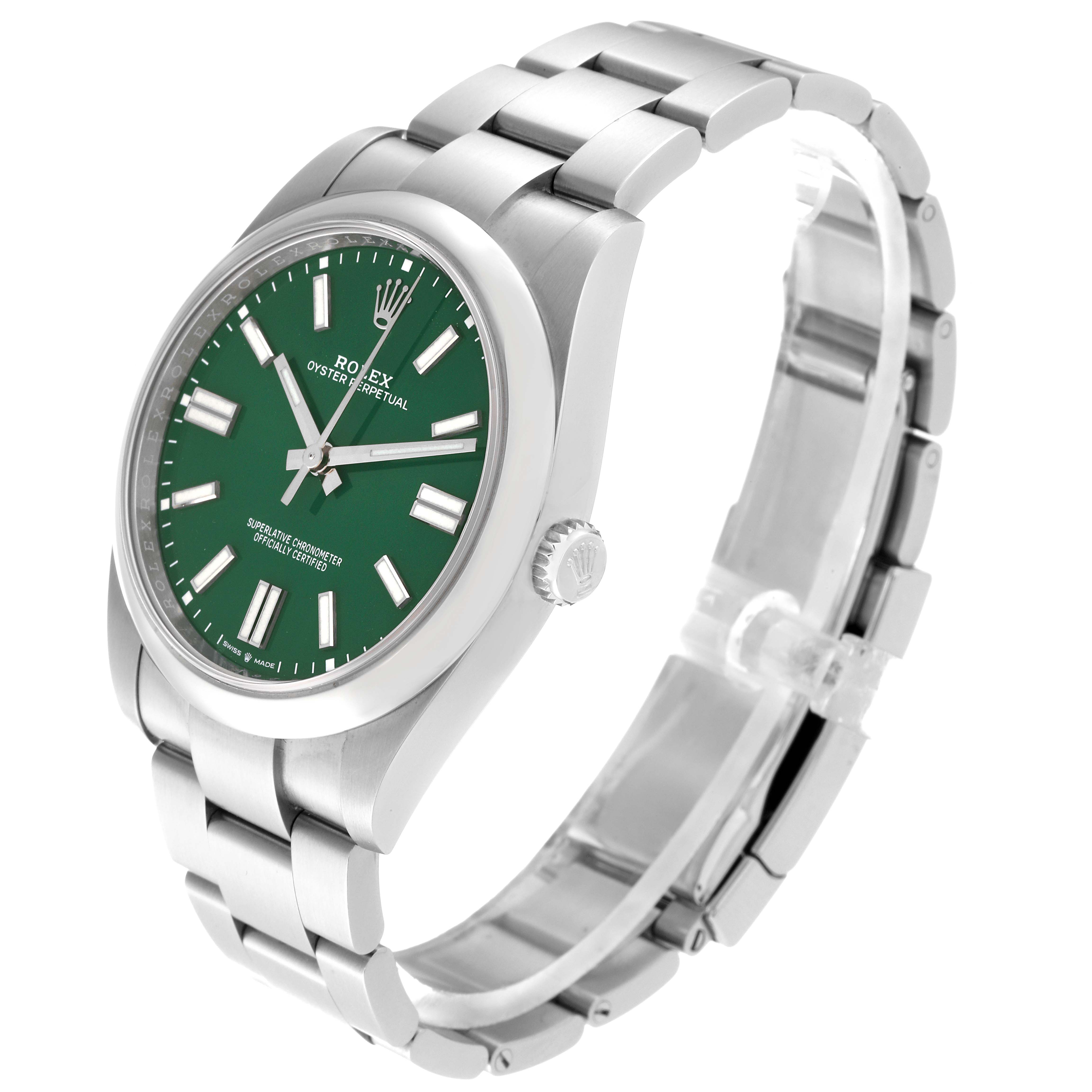 The Rolex Oyster Perpetual 124300 Men's Stainless Steel Green Dial 124300 Men's Stainless Steel Green Dial watch is shown at a diagonal angle, displaying the face, crown, and bracelet.