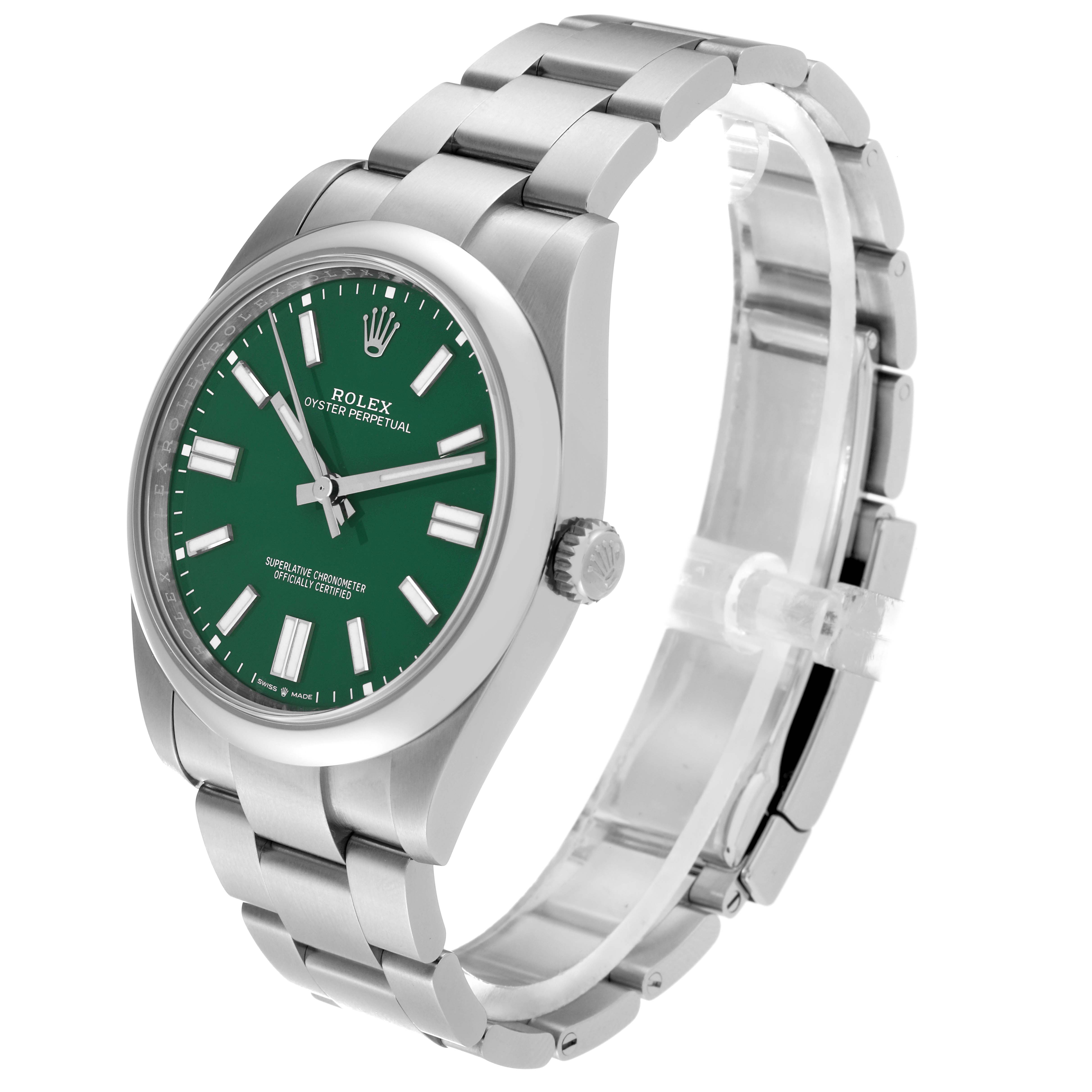 This Rolex Oyster Perpetual 124300 Men's Stainless Steel Green Dial 124300 Men's Stainless Steel Green Dial model is shown at a three-quarter angle, displaying the watch face, bezel, crown, and bracelet.