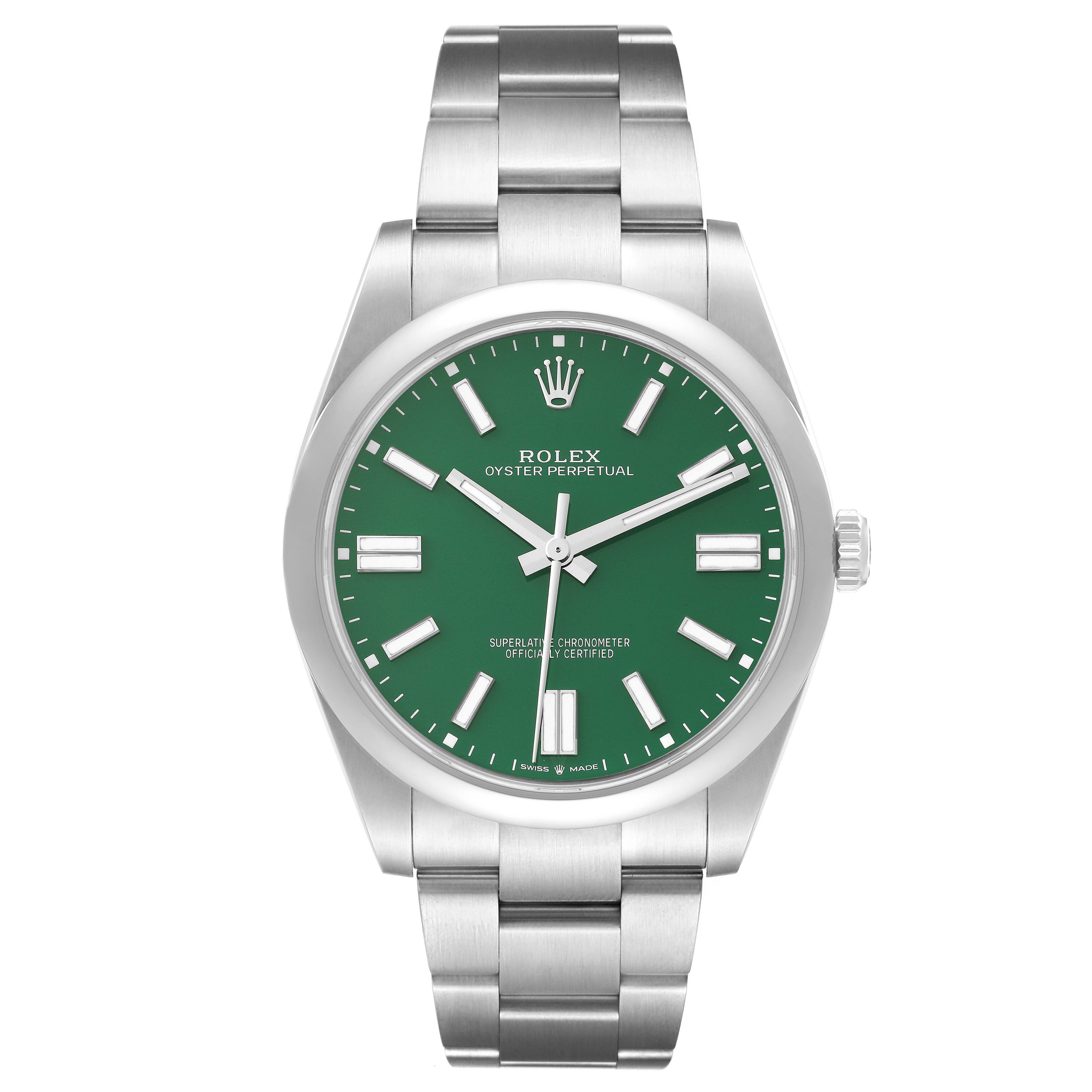 The image shows a front view of a Rolex Oyster Perpetual 124300 Men's Stainless Steel Green Dial 124300 Men's Stainless Steel Green Dial watch with a green dial and stainless steel bracelet.