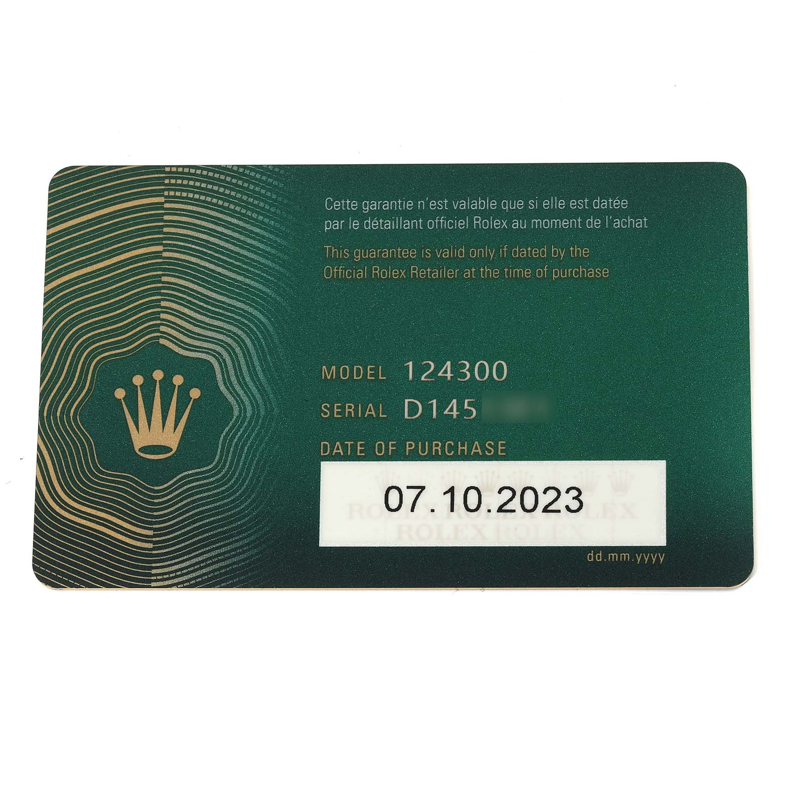 This image shows the warranty card for the Rolex Oyster Perpetual 124300 Men's Stainless Steel Green Dial 124300 Men's Stainless Steel Green Dial model 124300, including the model number, serial number, and date of purchase.