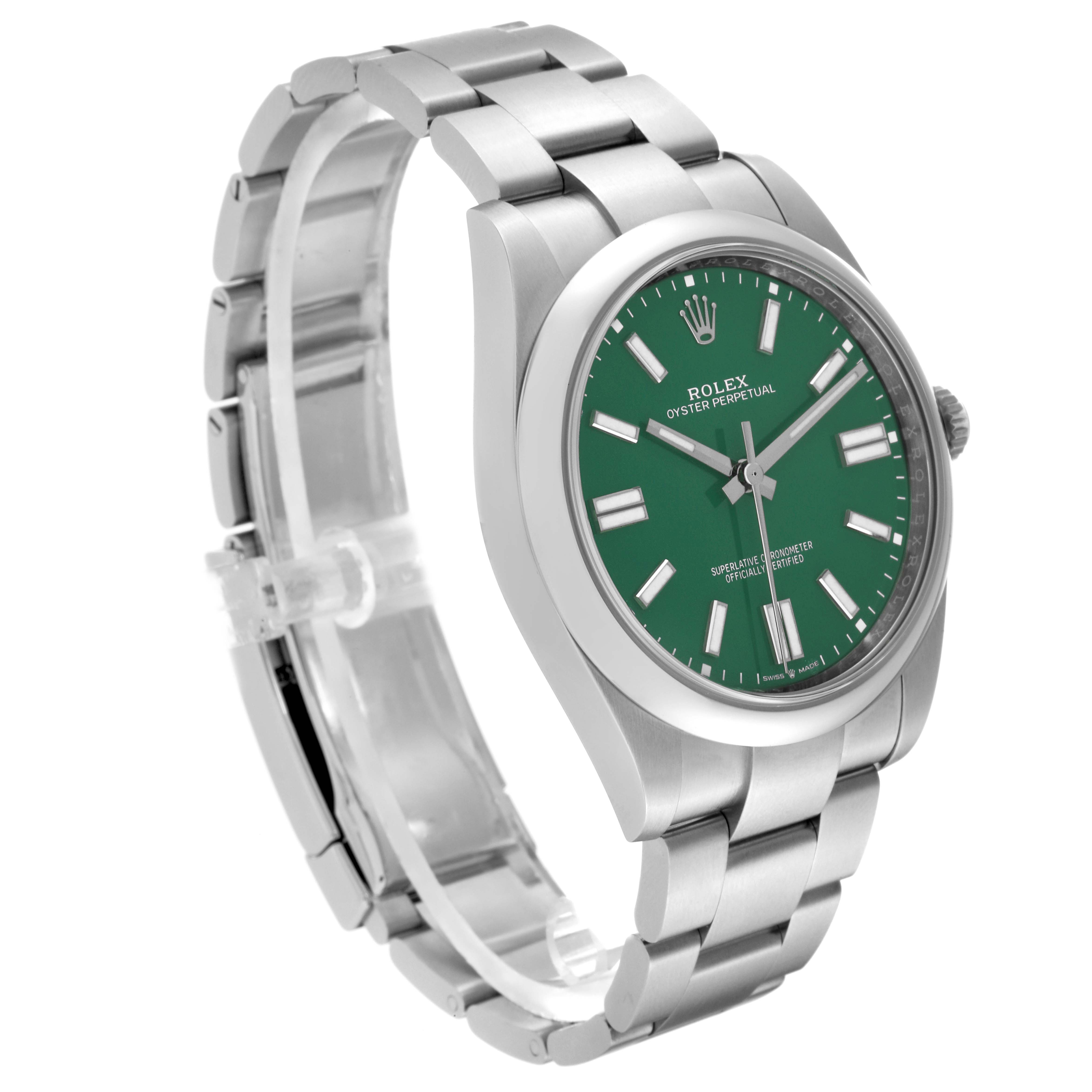 The Rolex Oyster Perpetual 124300 Men's Stainless Steel Green Dial 124300 Men's Stainless Steel Green Dial watch is shown at an angle, highlighting the face, bezel, and bracelet.