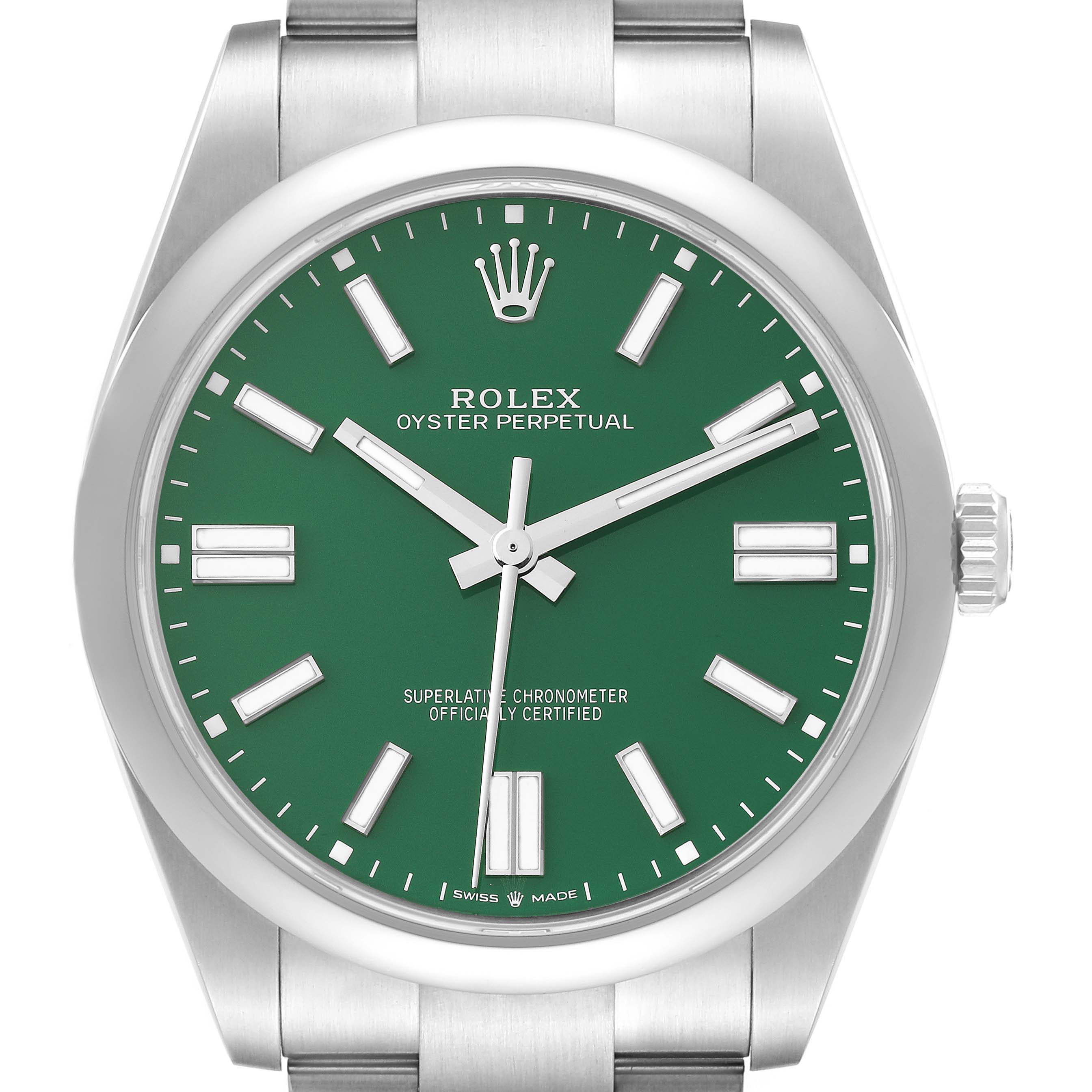 This image shows the face and part of the bracelet of a Rolex Oyster Perpetual 124300 Men's Stainless Steel Green Dial 124300 Men's Stainless Steel Green Dial watch, featuring a green dial with stick markers.