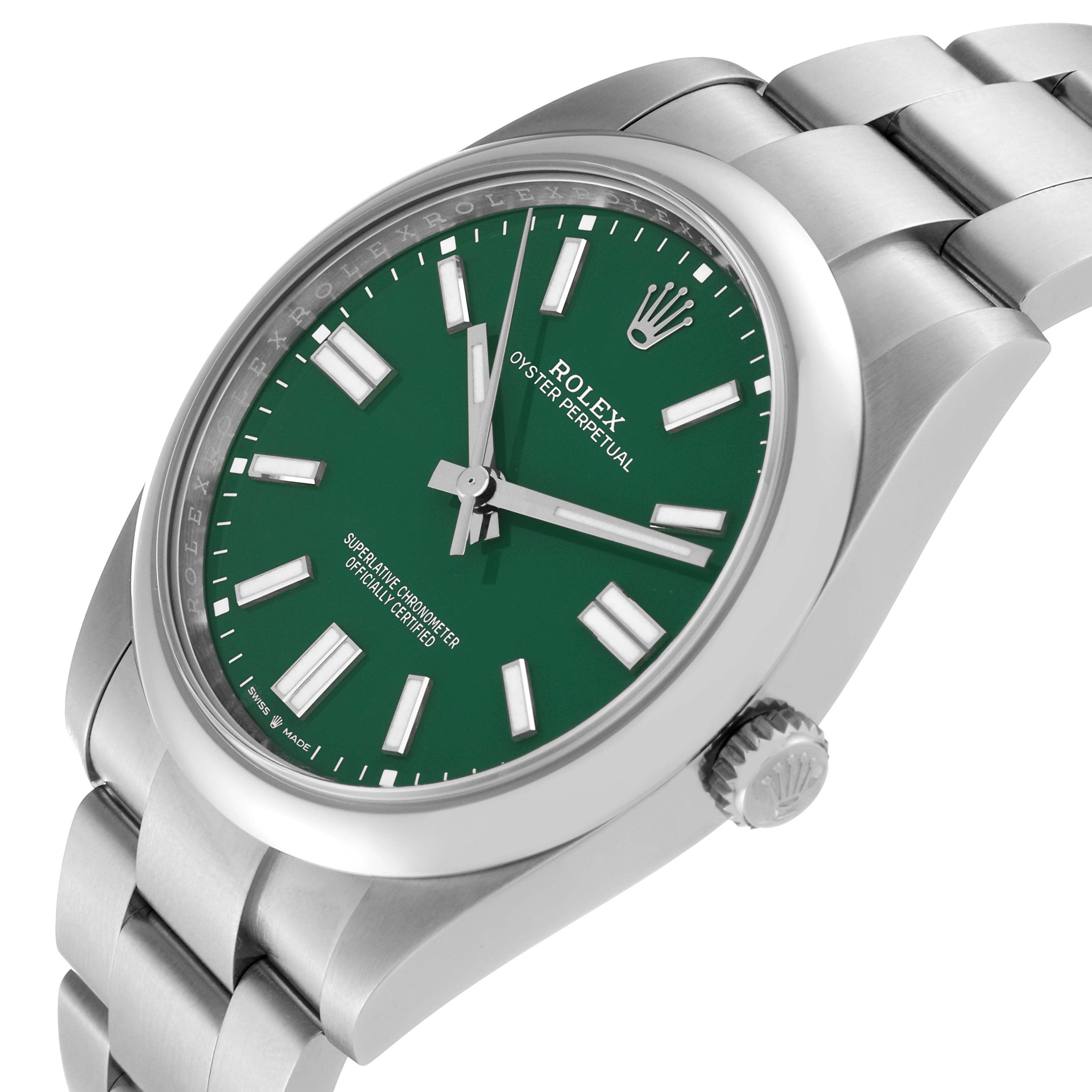 The image shows a Rolex Oyster Perpetual 124300 Men's Stainless Steel Green Dial 124300 Men's Stainless Steel Green Dial watch at an angled side view, highlighting the green dial, crown, and bracelet.