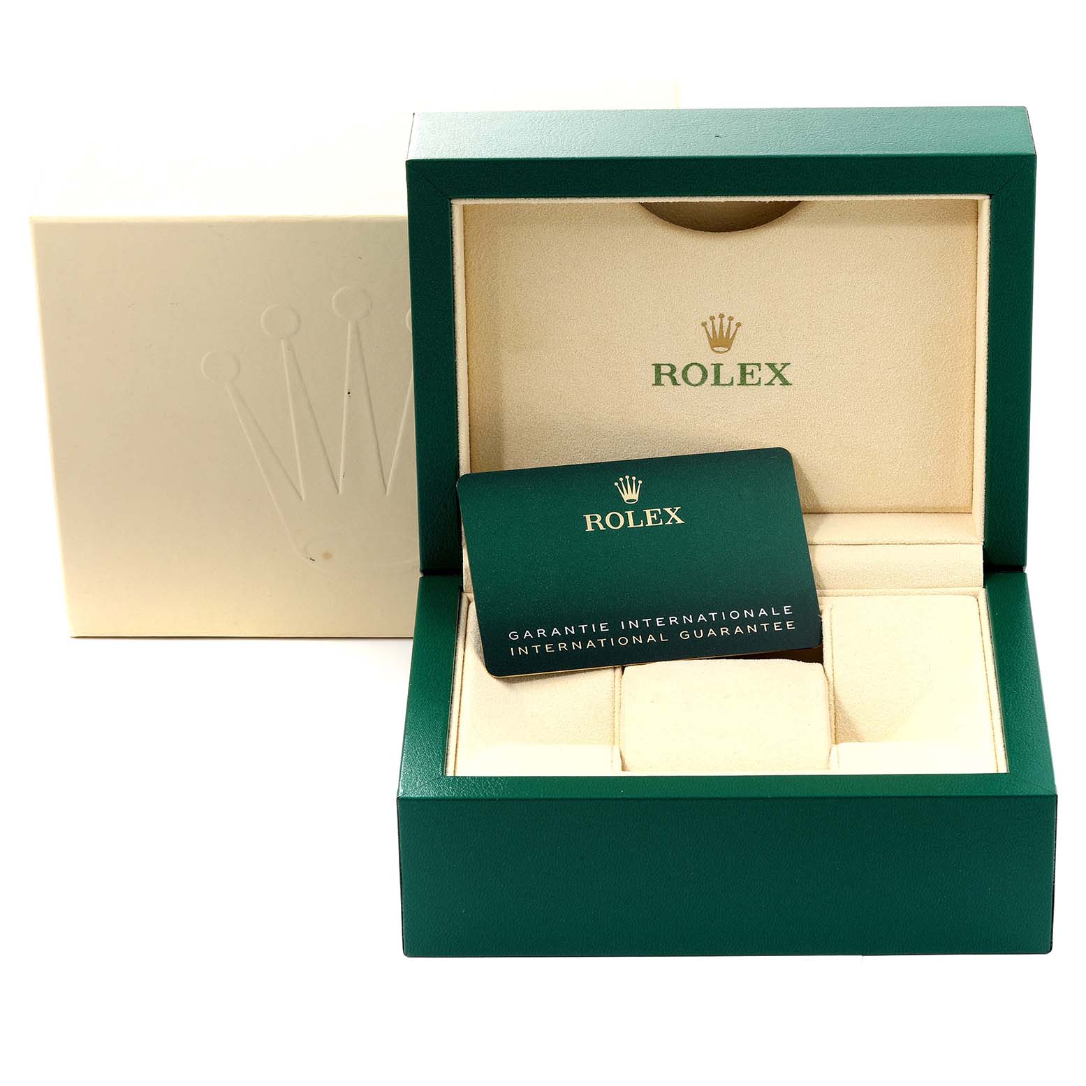 The image shows the packaging accessories of a Rolex Oyster Perpetual 124300 Men's Stainless Steel Green Dial 124300 Men's Stainless Steel Green Dial watch, including the watch box and an international guarantee card.
