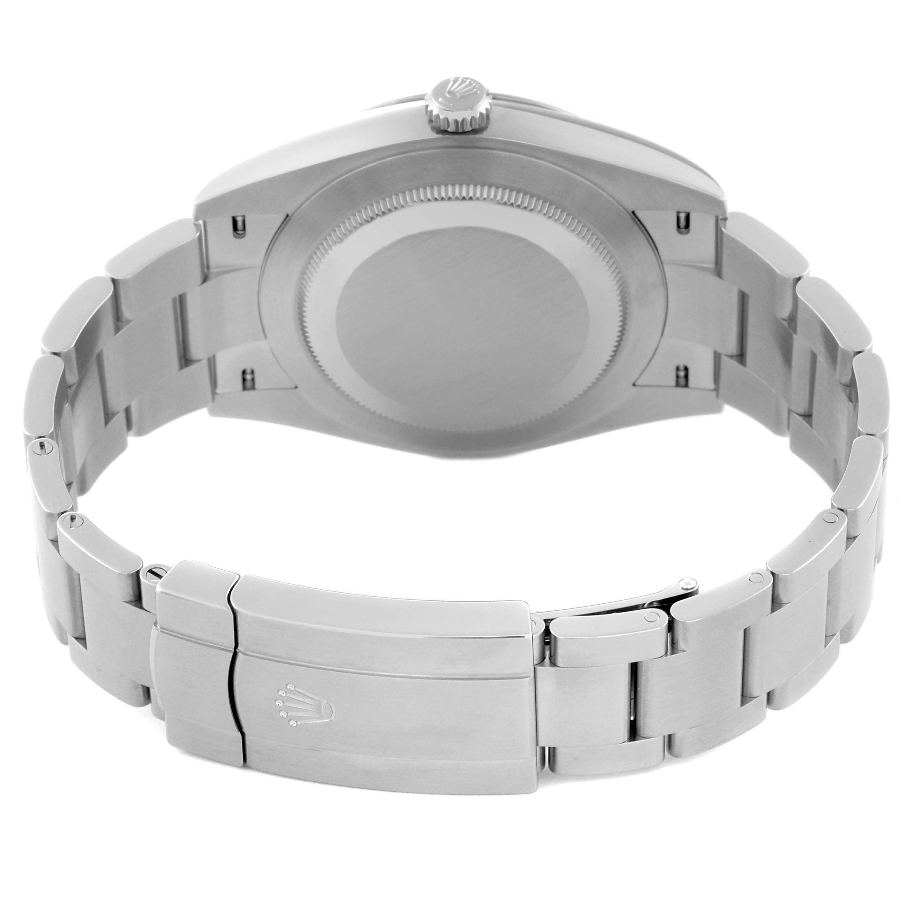 The image shows the back view of a Rolex Oyster Perpetual 124300 Men's Stainless Steel Green Dial 124300 Men's Stainless Steel Green Dial watch, highlighting the case back, crown, and bracelet with the clasp closed.