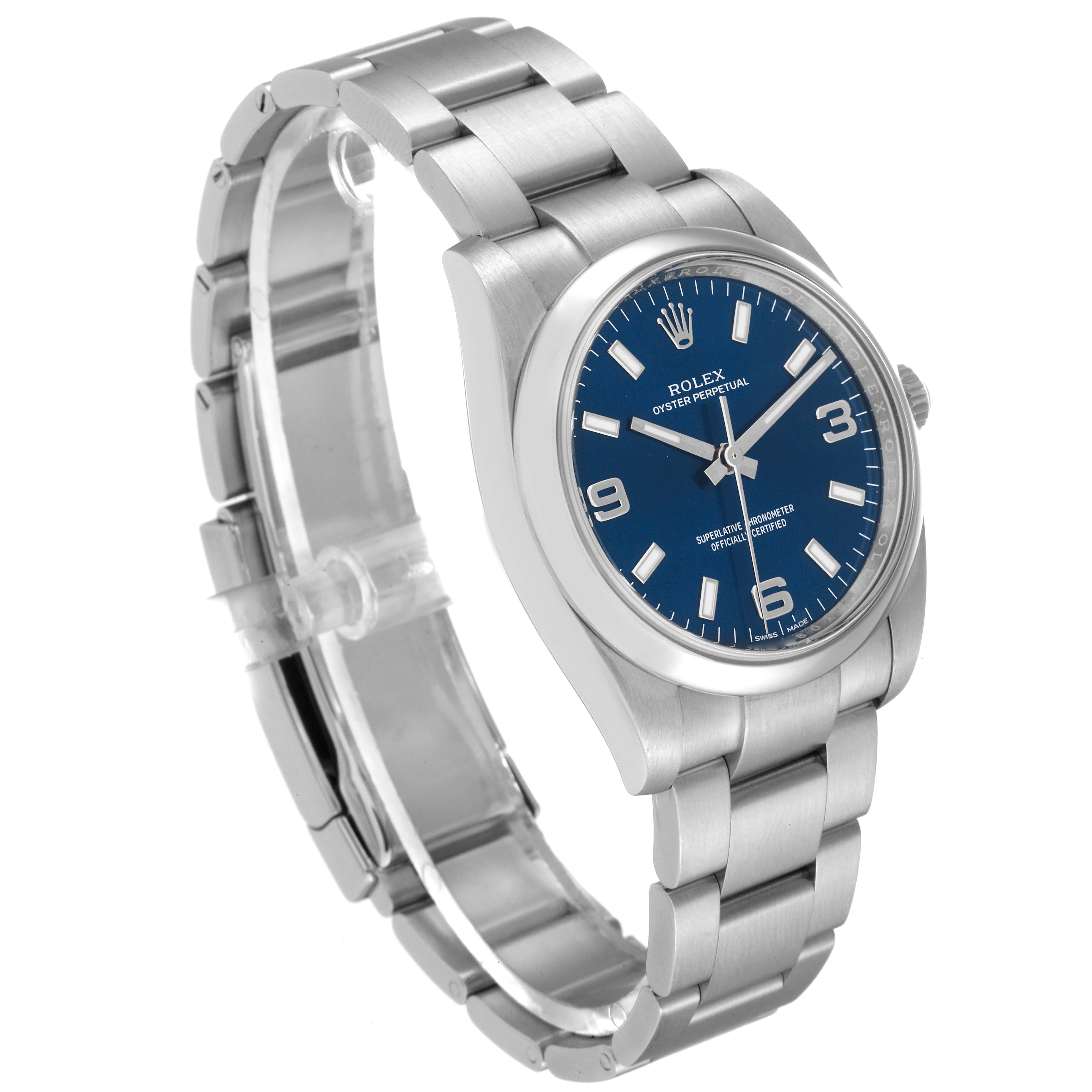 The image shows a Rolex Oyster Perpetual 114200 Men's Stainless Steel Blue Dial 114200 Men's Stainless Steel Blue Dial watch viewed at a three-quarter angle, featuring the bracelet, case, and blue dial.