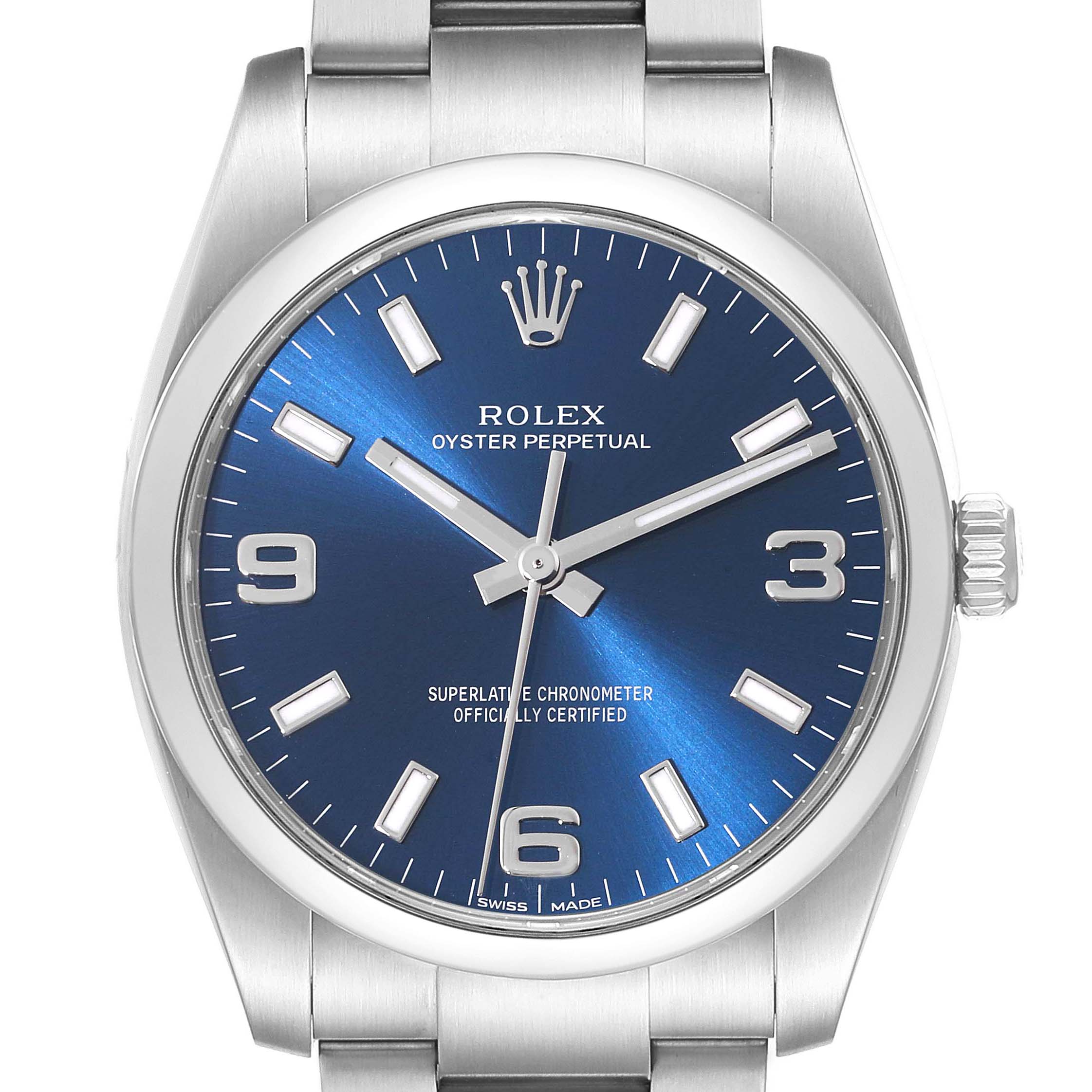 This image shows a front view of a Rolex Oyster Perpetual 114200 Men's Stainless Steel Blue Dial 114200 Men's Stainless Steel Blue Dial watch with a blue dial and stainless steel bracelet.
