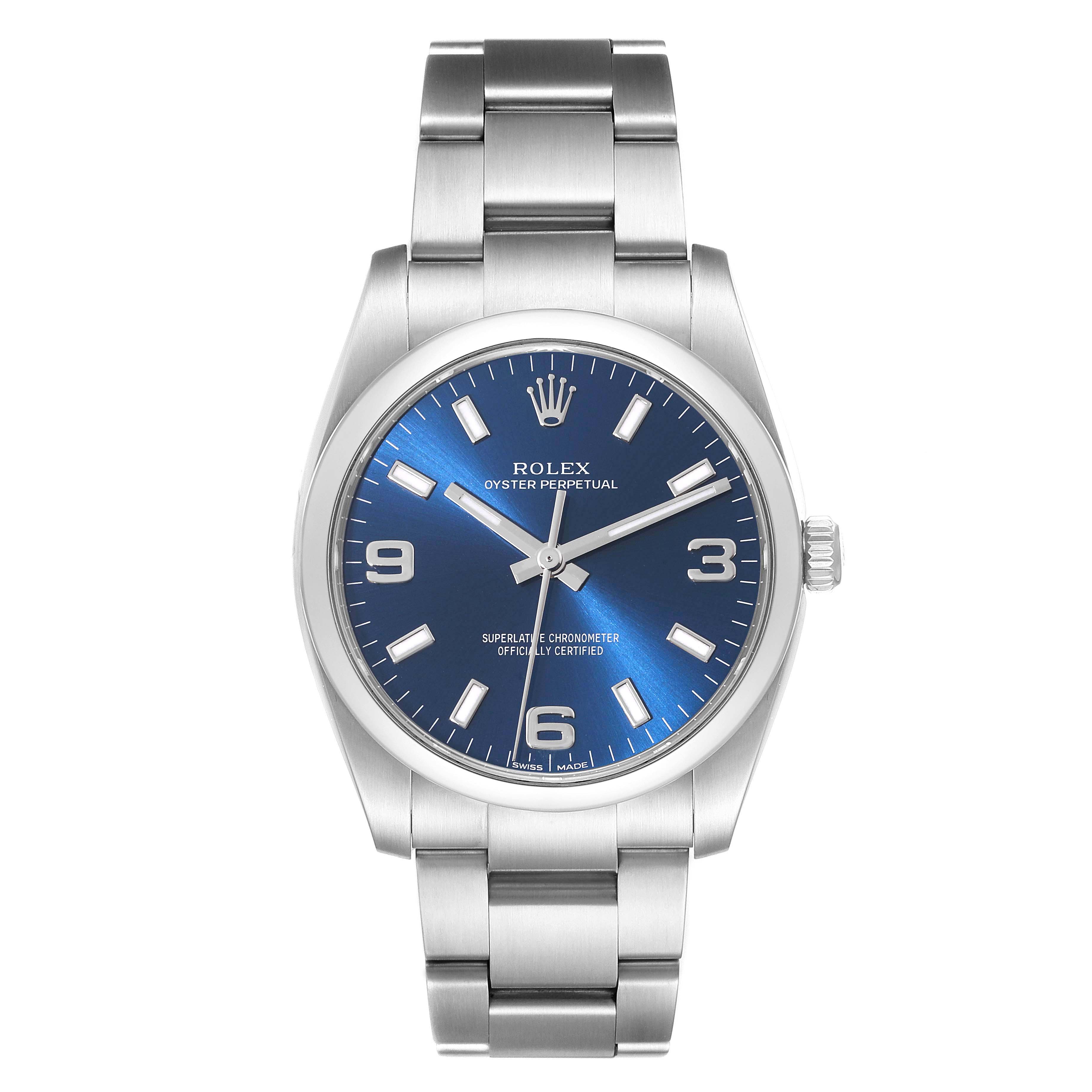 This is a front view of a Rolex Oyster Perpetual 114200 Men's Stainless Steel Blue Dial 114200 Men's Stainless Steel Blue Dial watch, showcasing its blue dial, stainless steel case, and bracelet.