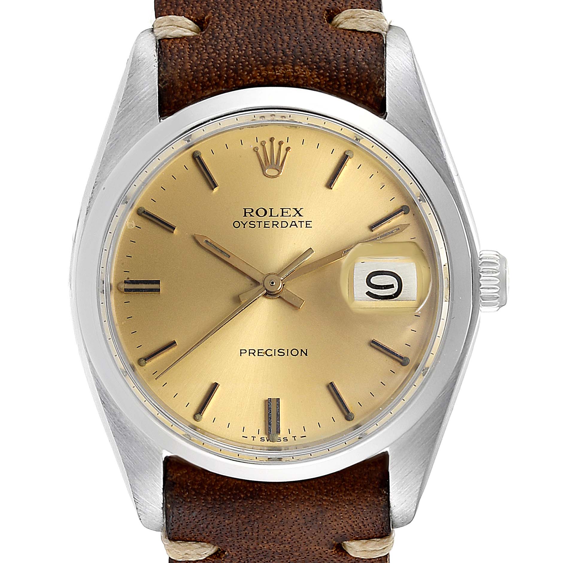 The image shows a front view of the Rolex Vintage Collection 6694 Men's Stainless Steel Champagne Dial 6694 Men's Stainless Steel Champagne Dial Oysterdate Precision watch with a gold dial and brown leather strap.