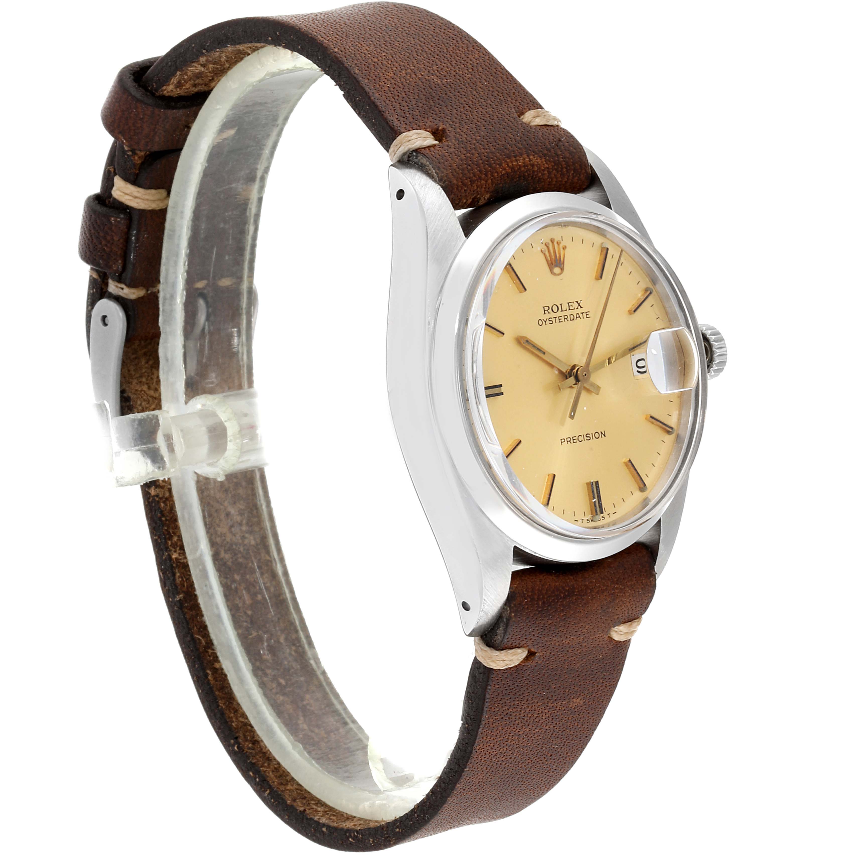 The Vintage Collection Rolex watch is shown from a side angle, highlighting its face, crown, and leather strap.