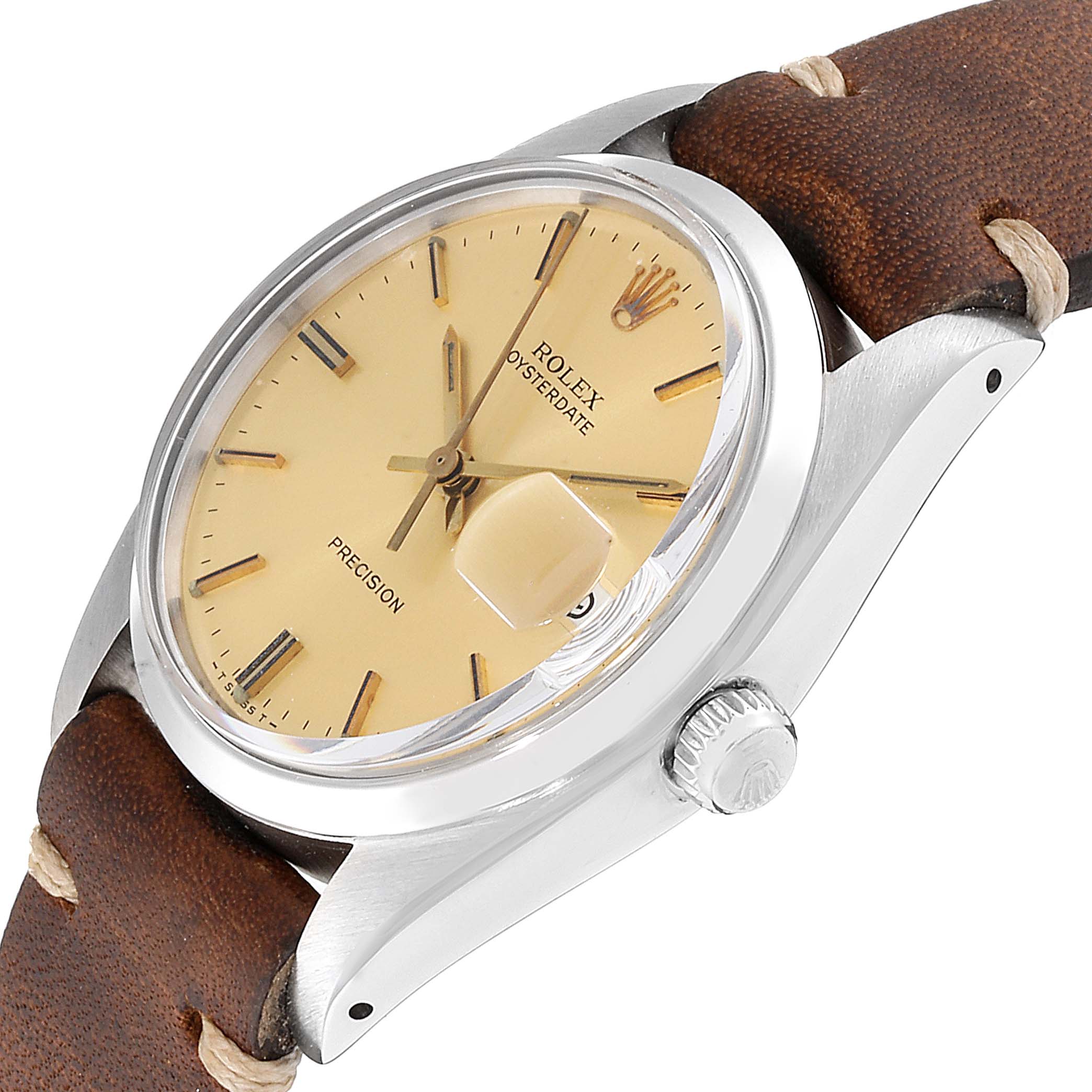 The image shows a Rolex Vintage Collection 6694 Men's Stainless Steel Champagne Dial 6694 Men's Stainless Steel Champagne Dial model watch from a side angle, highlighting the face, bezel, crown, and part of the leather strap.
