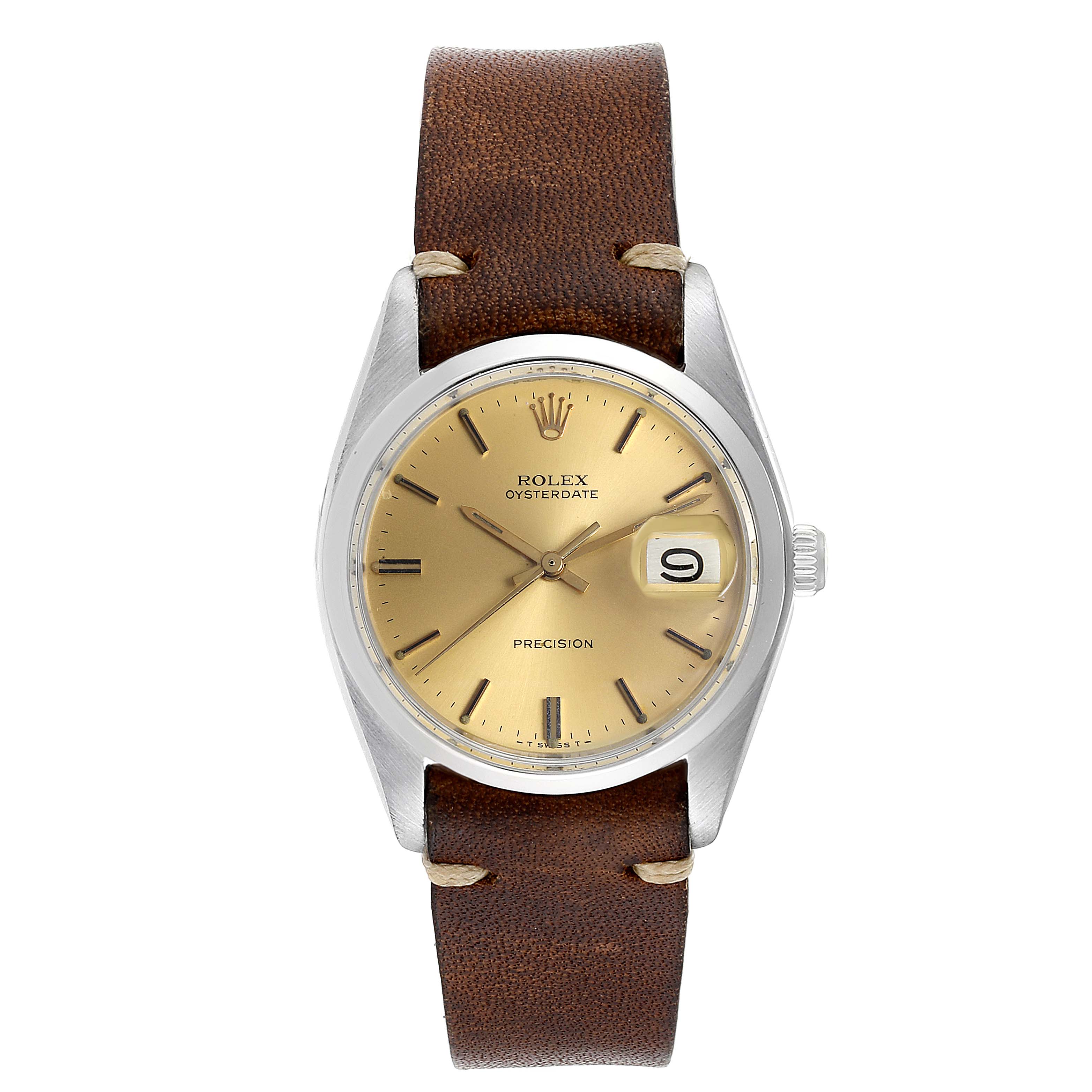 The Rolex Vintage Collection 6694 Men's Stainless Steel Champagne Dial 6694 Men's Stainless Steel Champagne Dial model is shown from the front, highlighting its face, bezel, crown, and leather strap.