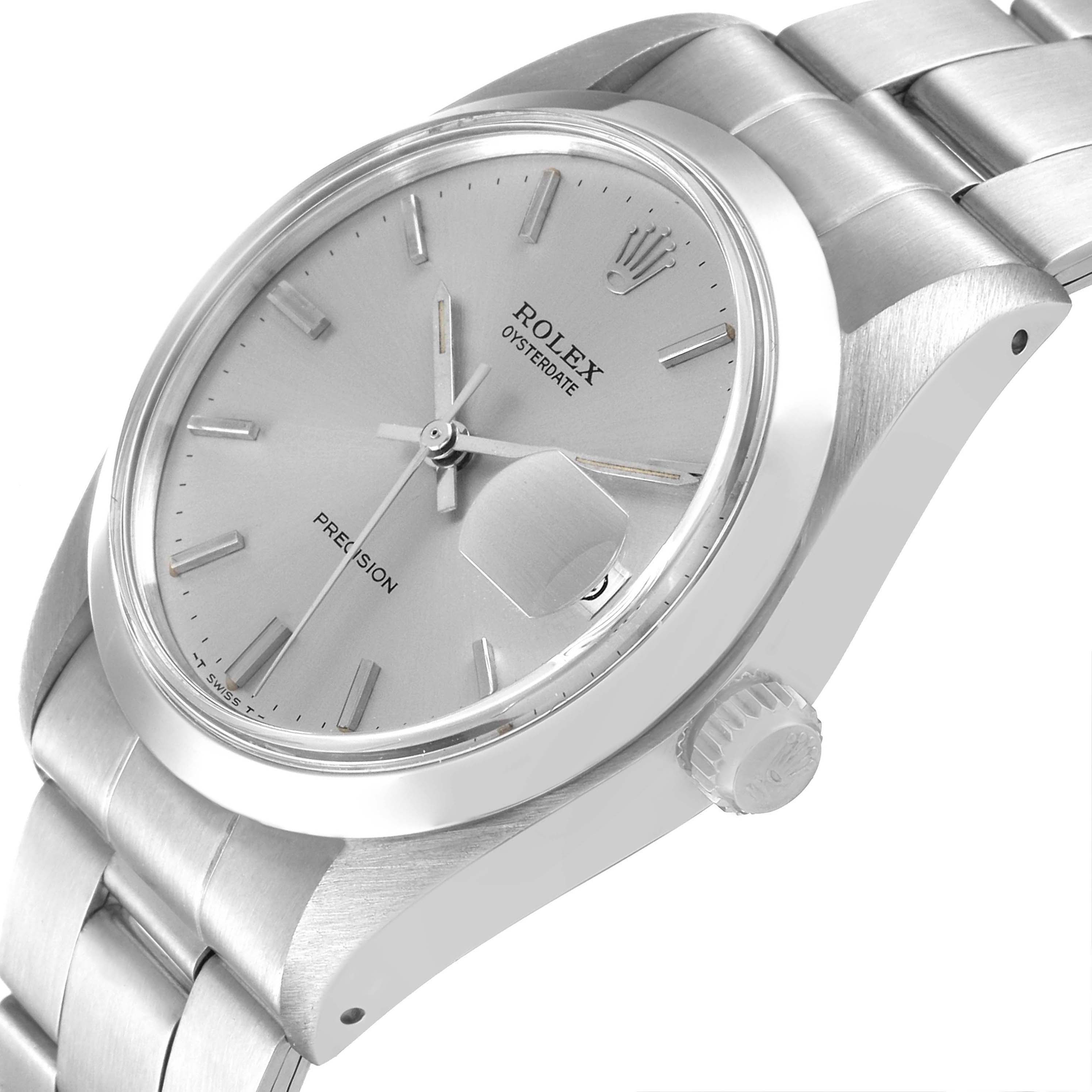 This image shows a close-up angled view of the Rolex Vintage Collection 6694 Men
s Stainless Steel Silver Dial 6694 Men
s Stainless Steel Silver Dial model, highlighting the dial, crown, and part of the bracelet.