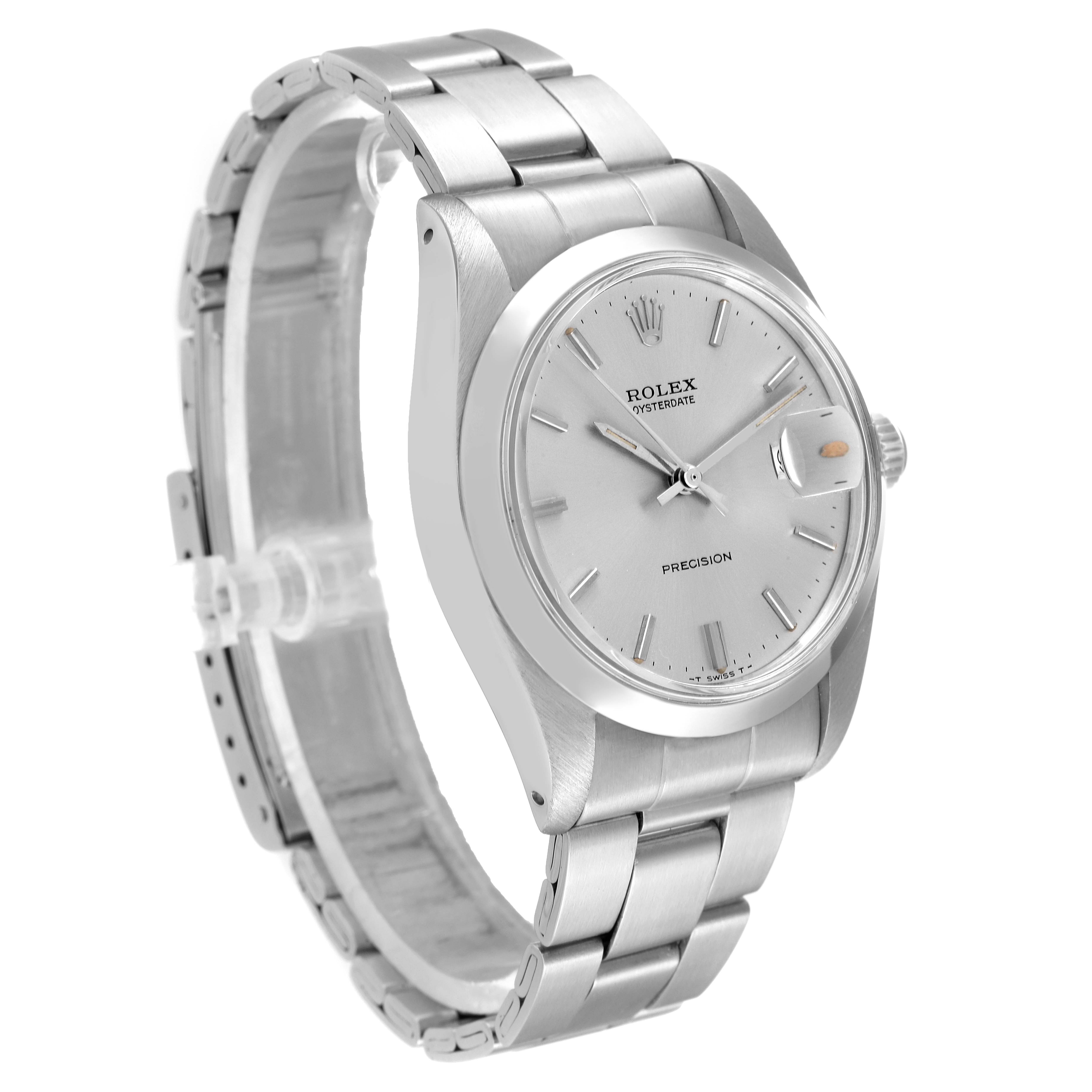 The image shows a Vintage Collection Rolex Oysterdate Precision watch from a front angle, highlighting its face and metal bracelet.