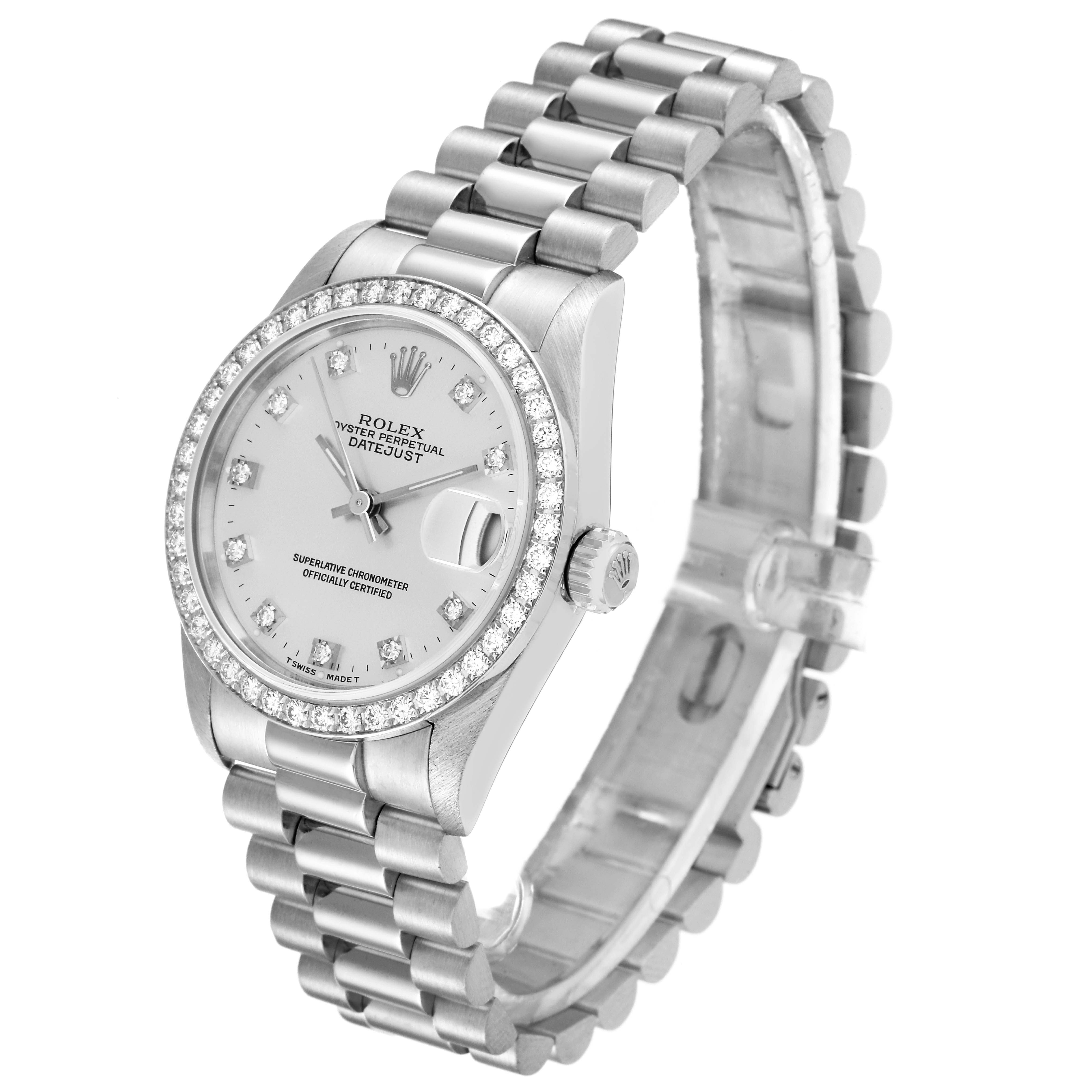This image shows a three-quarter view of the Rolex President 68286 Women's Platinum Silver Dial 68286 Women's Platinum Silver Dial model watch, highlighting the face, bezel, and bracelet.