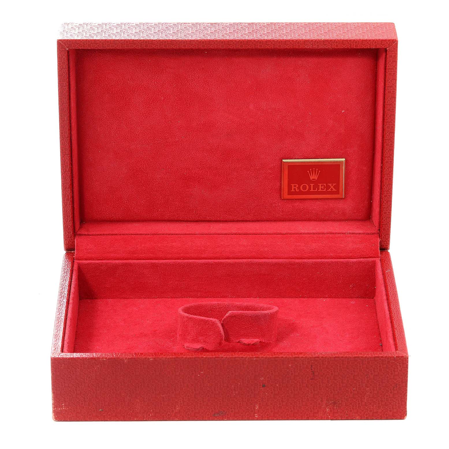 This image shows an empty red watch box for a Rolex President 68286 Women's Platinum Silver Dial 68286 Women's Platinum Silver Dial model, with a bracelet cushion and a branded plaque inside.