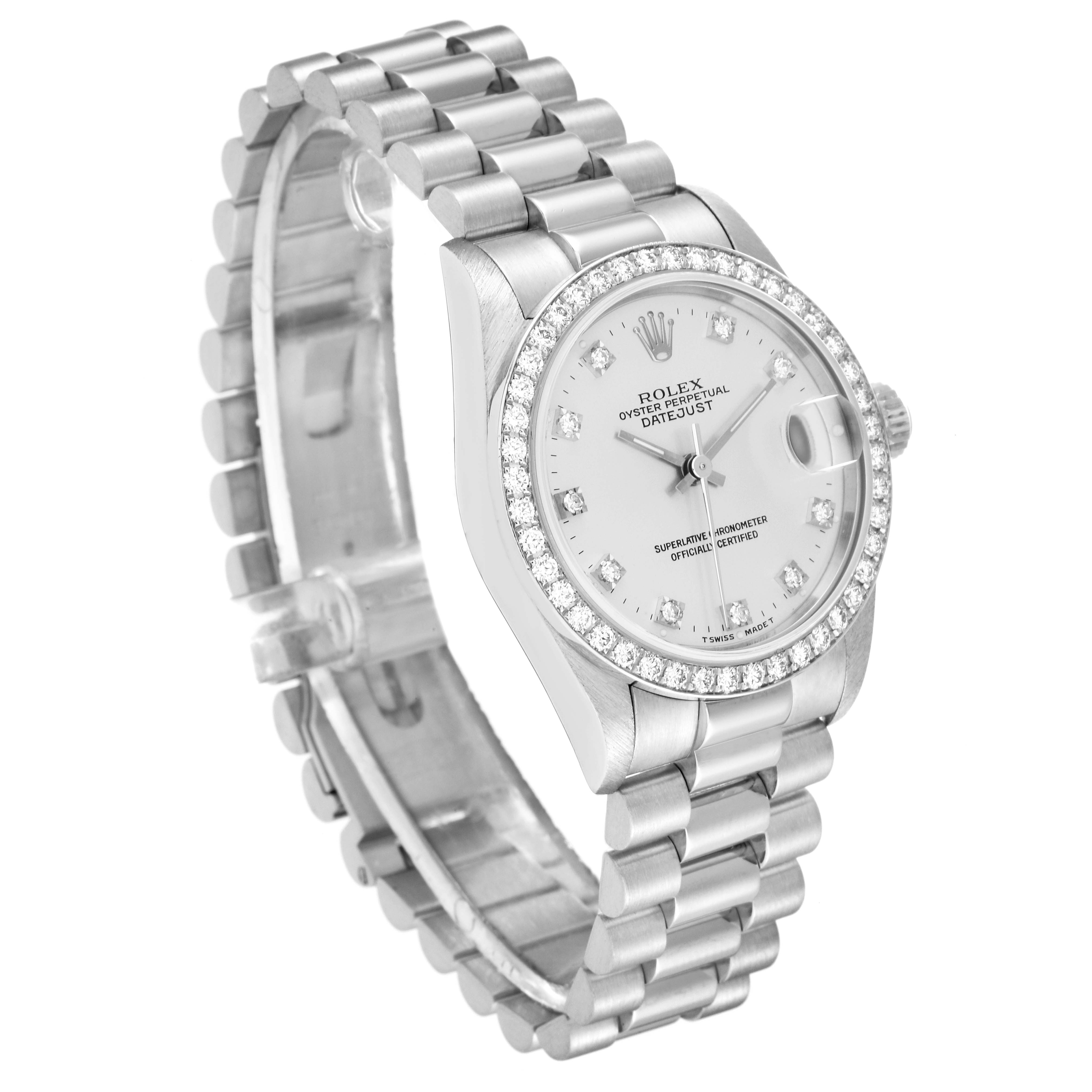 The image shows a Rolex President 68286 Women's Platinum Silver Dial 68286 Women's Platinum Silver Dial Datejust watch from an angled side view, highlighting the dial, bezel, and bracelet.