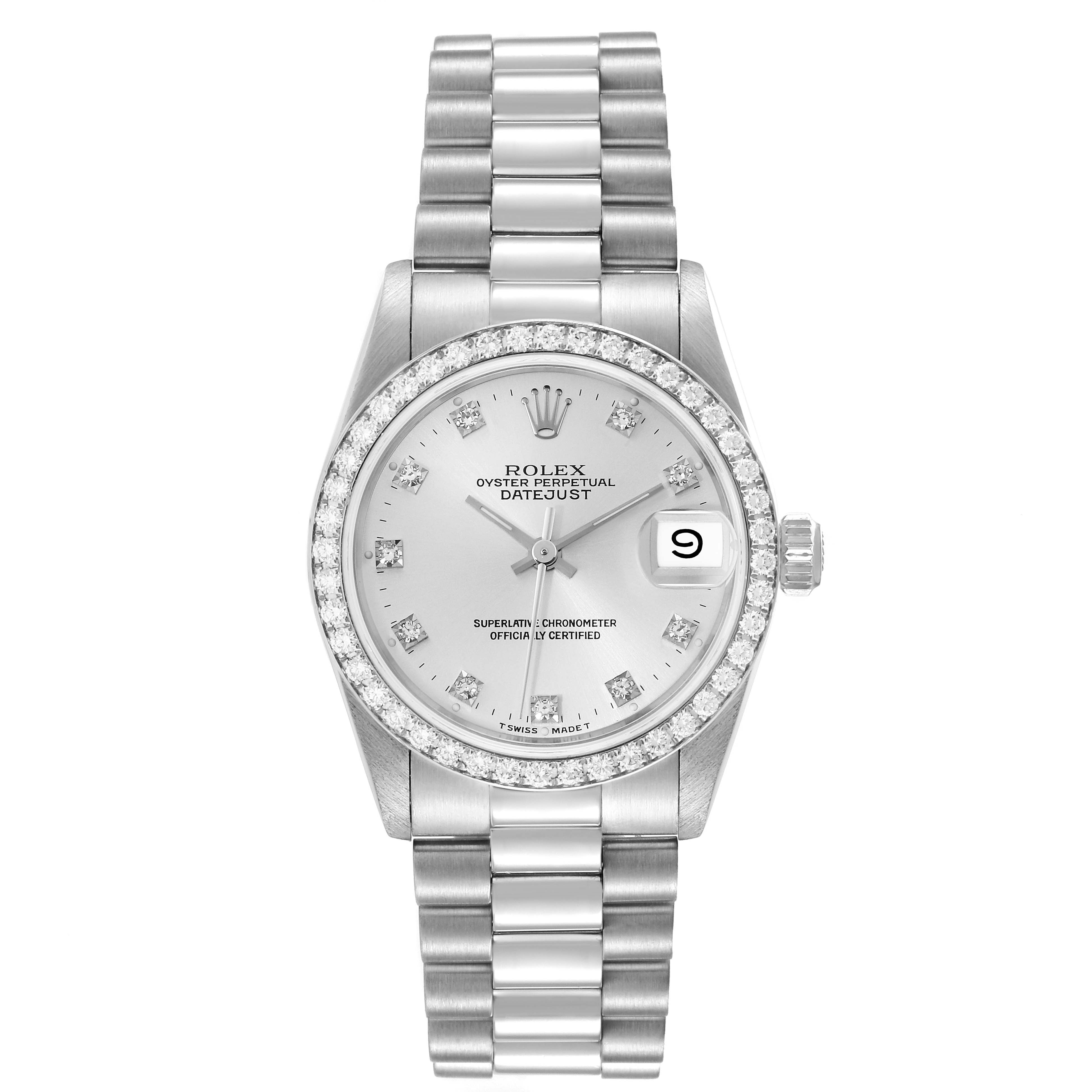 The Rolex President 68286 Women's Platinum Silver Dial 68286 Women's Platinum Silver Dial model watch is shown from a top view, highlighting its face, bracelet, and bezel.