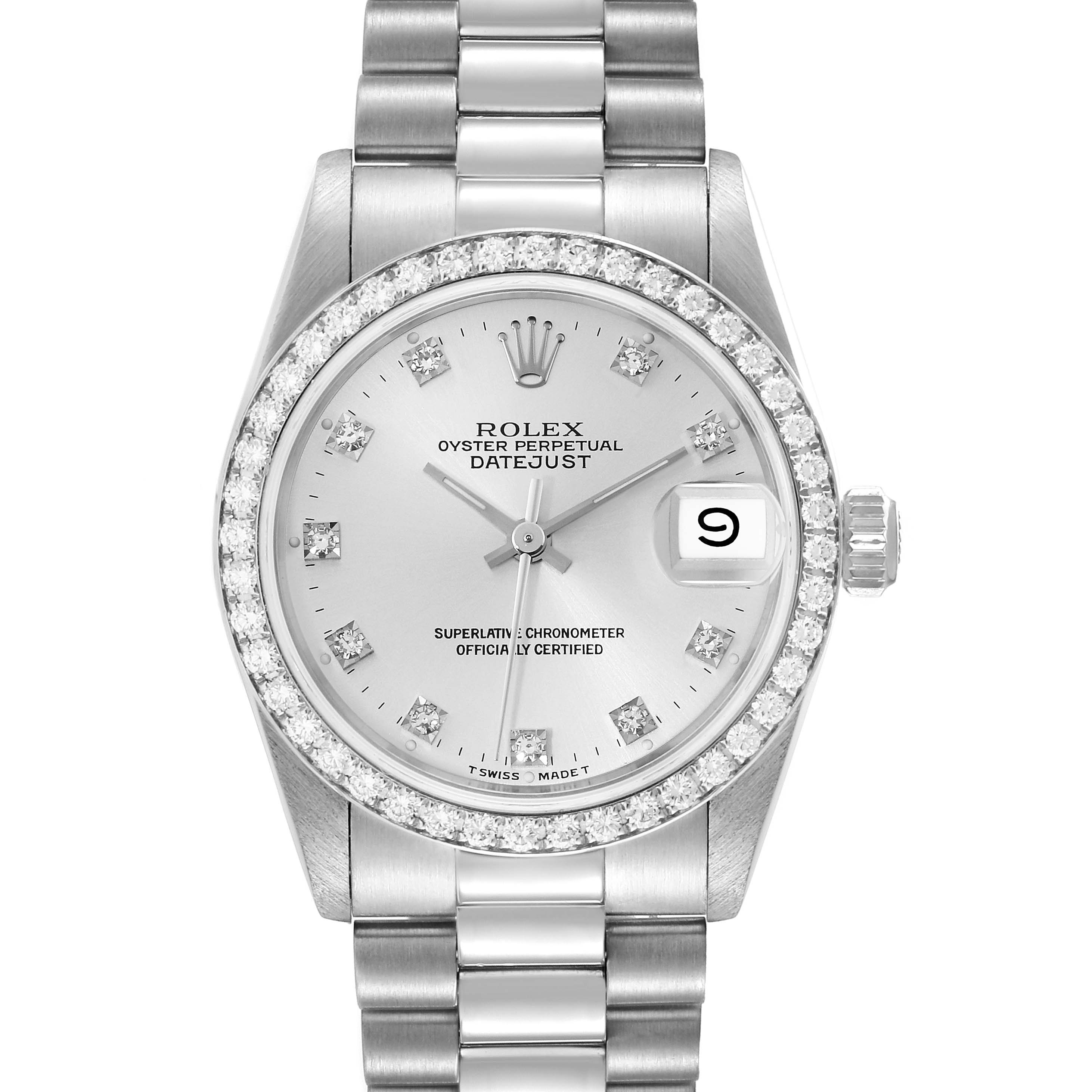 The image shows a Rolex President 68286 Women's Platinum Silver Dial 68286 Women's Platinum Silver Dial Datejust watch from a front angle, highlighting the face, bezel, and bracelet.