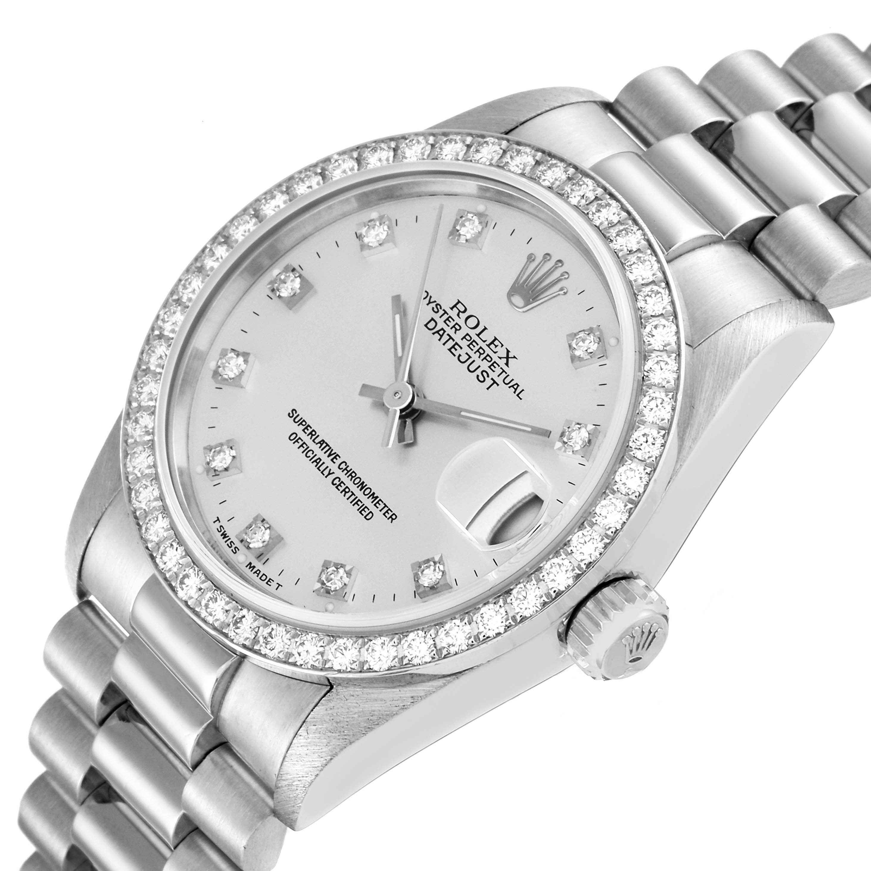 The image shows a slight top view of a Rolex President 68286 Women's Platinum Silver Dial 68286 Women's Platinum Silver Dial watch, highlighting its face, diamond bezel, and bracelet.