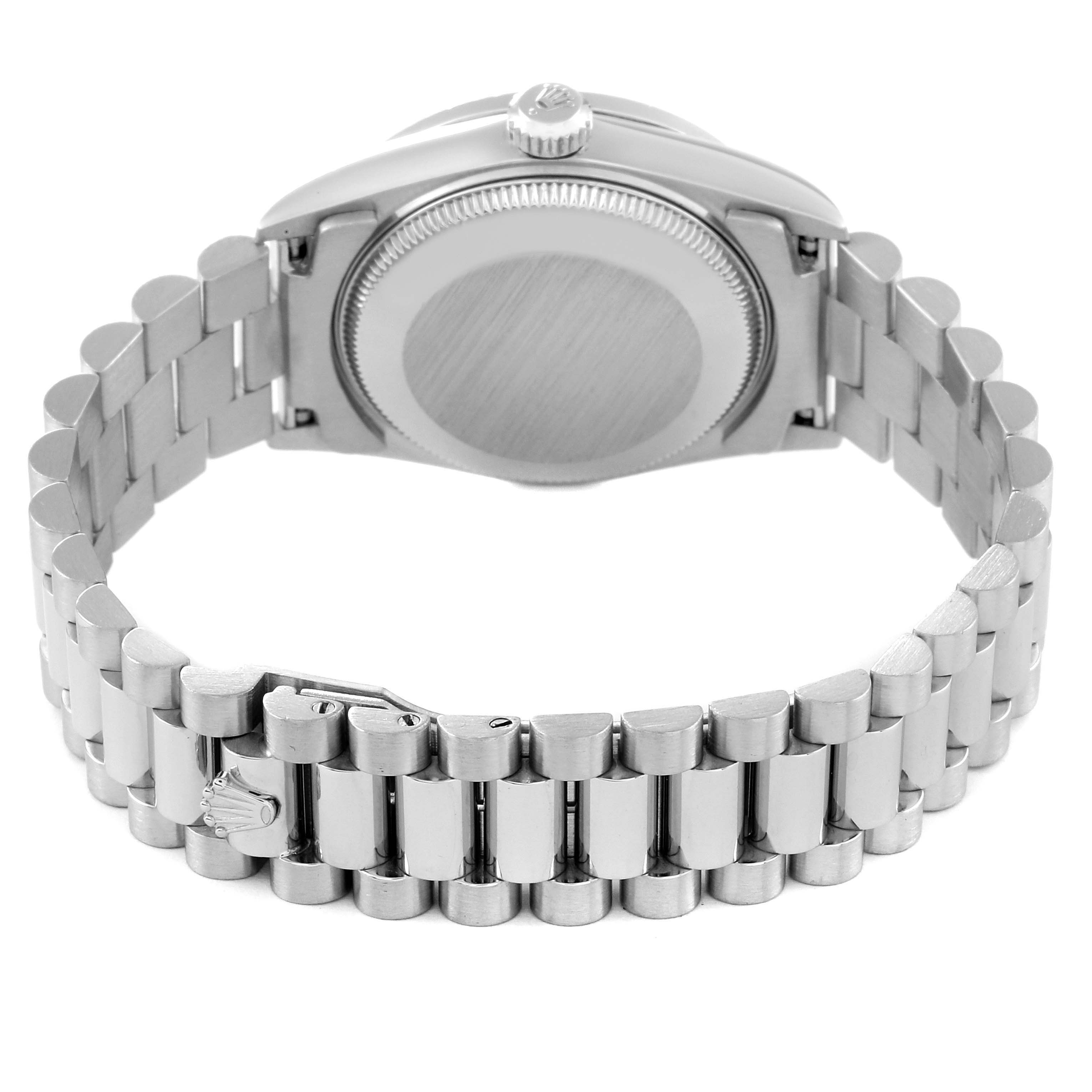 The image shows the back view of a Rolex President 68286 Women's Platinum Silver Dial 68286 Women's Platinum Silver Dial model watch, highlighting the case back and bracelet.