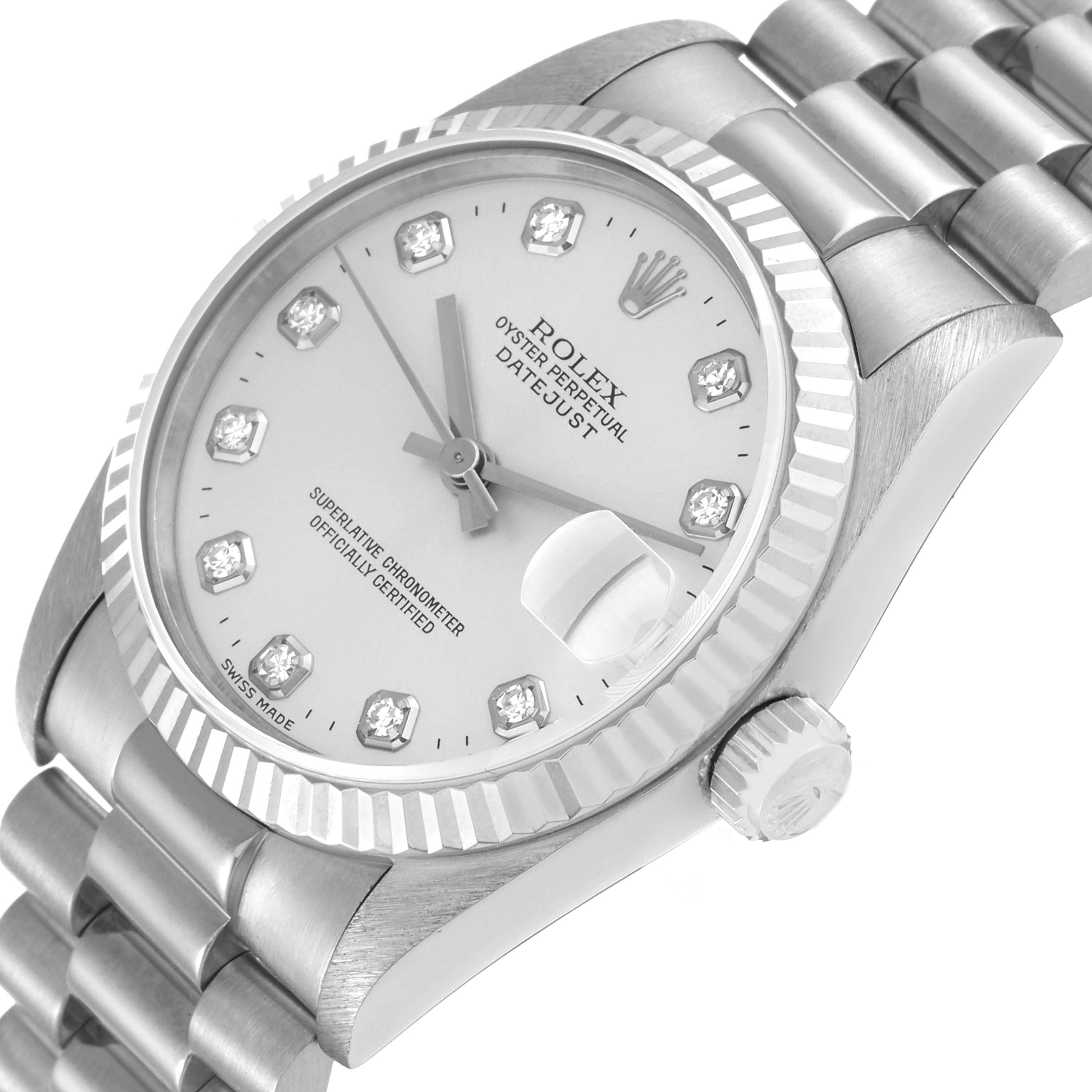 This photo of the Rolex President 68279 Women's White Gold Silver Dial 68279 Women's White Gold Silver Dial model showcases a close-up of the face, bezel, and a portion of the bracelet.