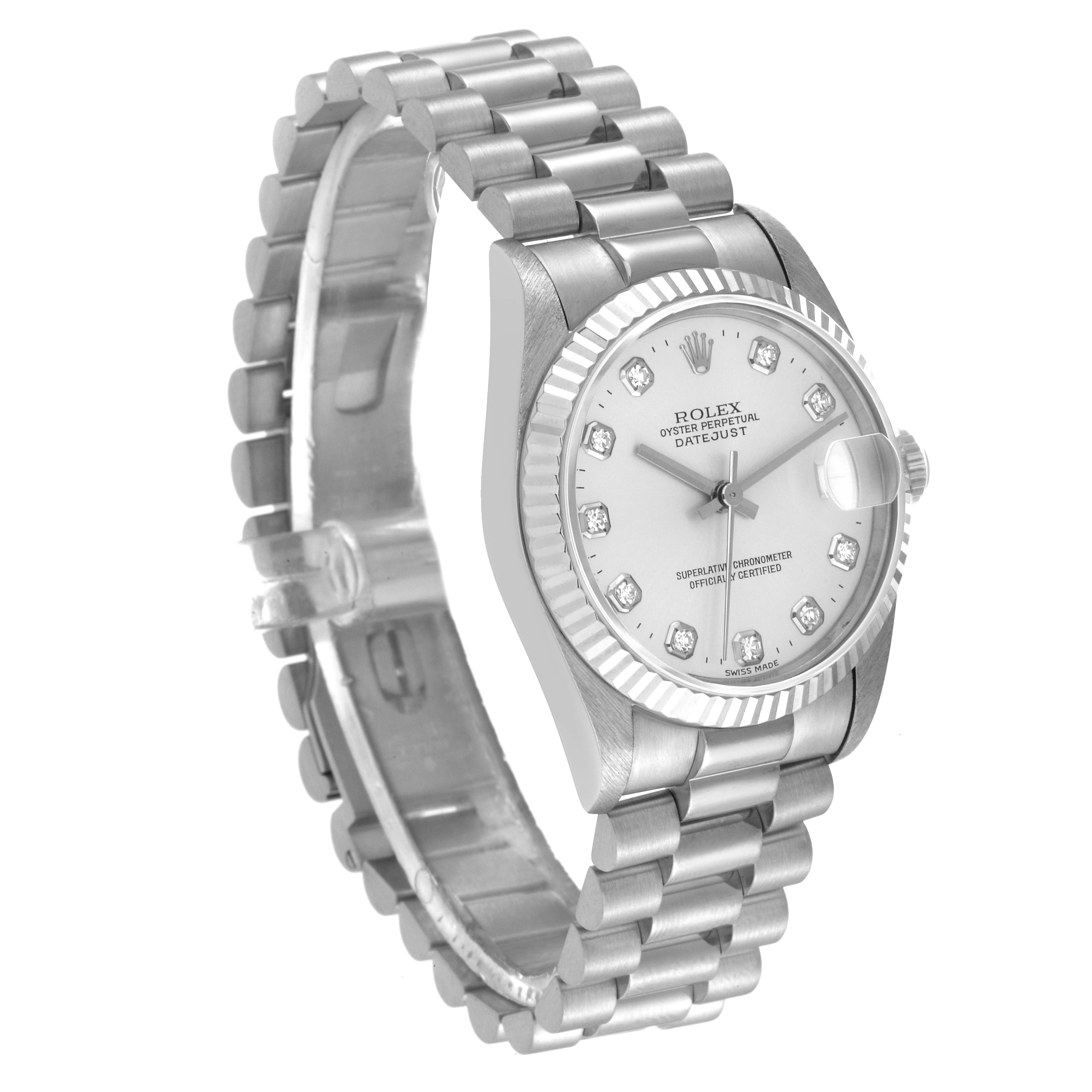 The Rolex President 68279 Women's White Gold Silver Dial 68279 Women's White Gold Silver Dial model watch is shown at an angled view, featuring its bracelet, dial, bezel, and crown.