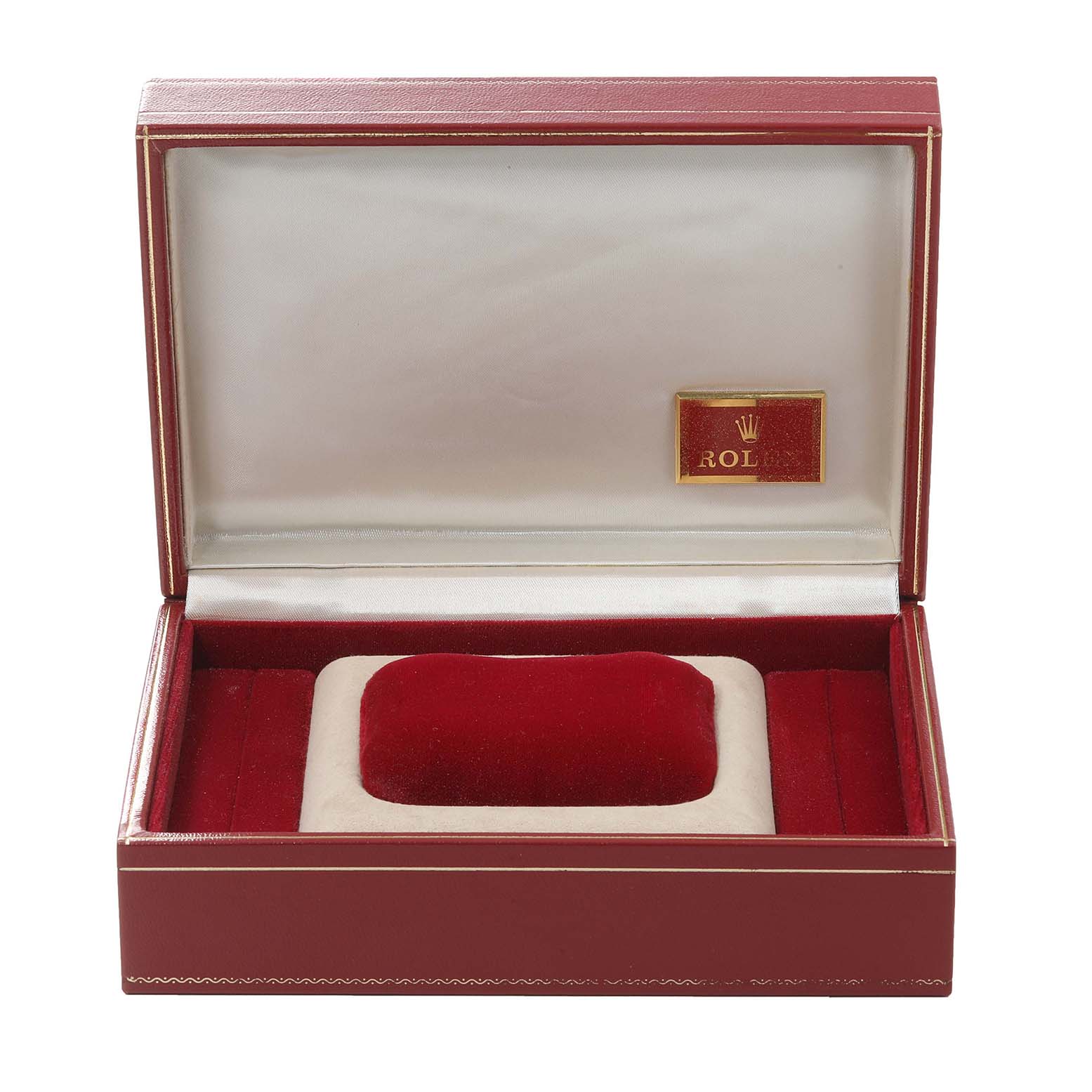 The image shows an empty Rolex President 68279 Women's White Gold Silver Dial 68279 Women's White Gold Silver Dial model watch box, open from a front angle, featuring red and white cushioning inside.