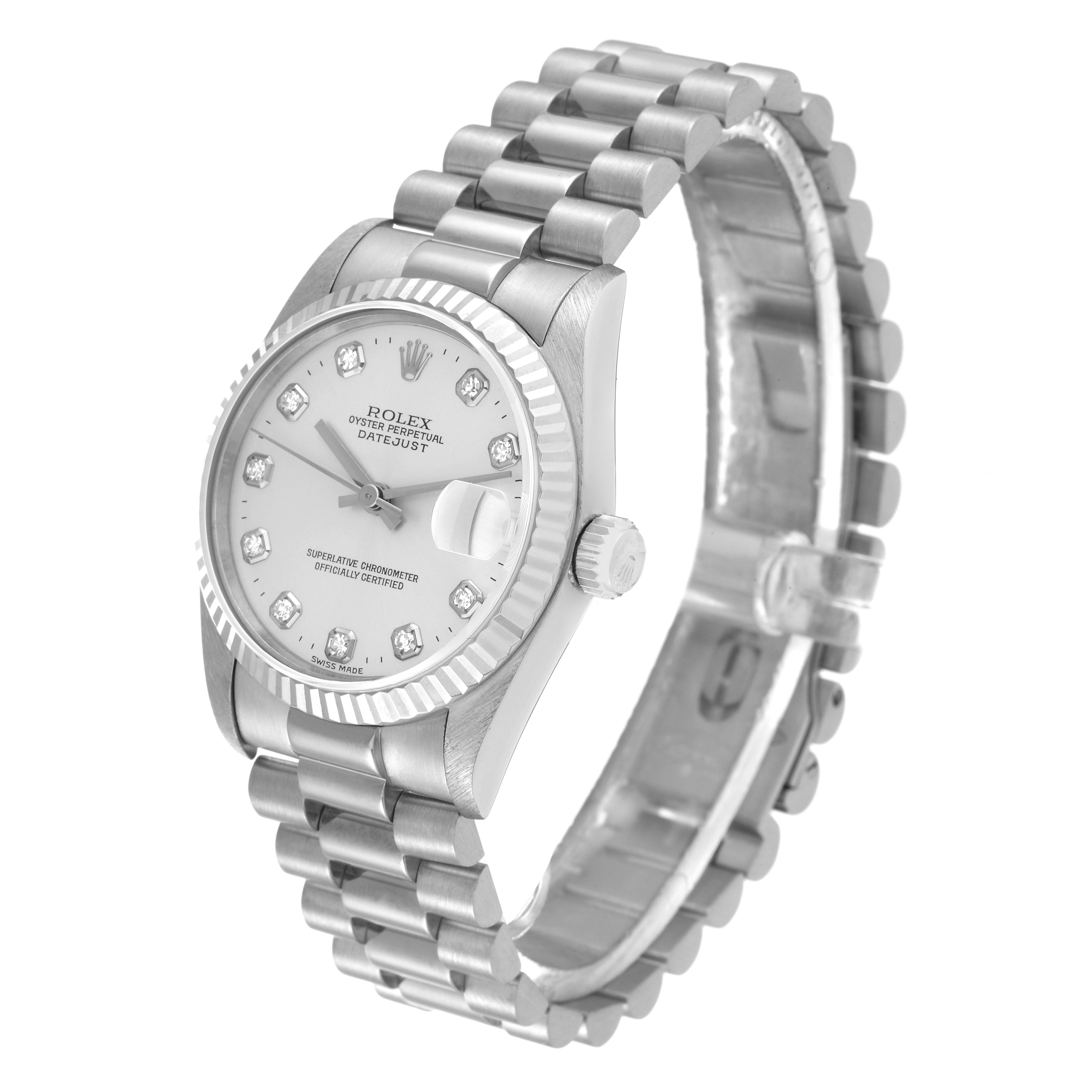 The image shows a side angle of the Rolex President 68279 Women's White Gold Silver Dial 68279 Women's White Gold Silver Dial model, highlighting the watch face, bezel, crown, and oyster bracelet.