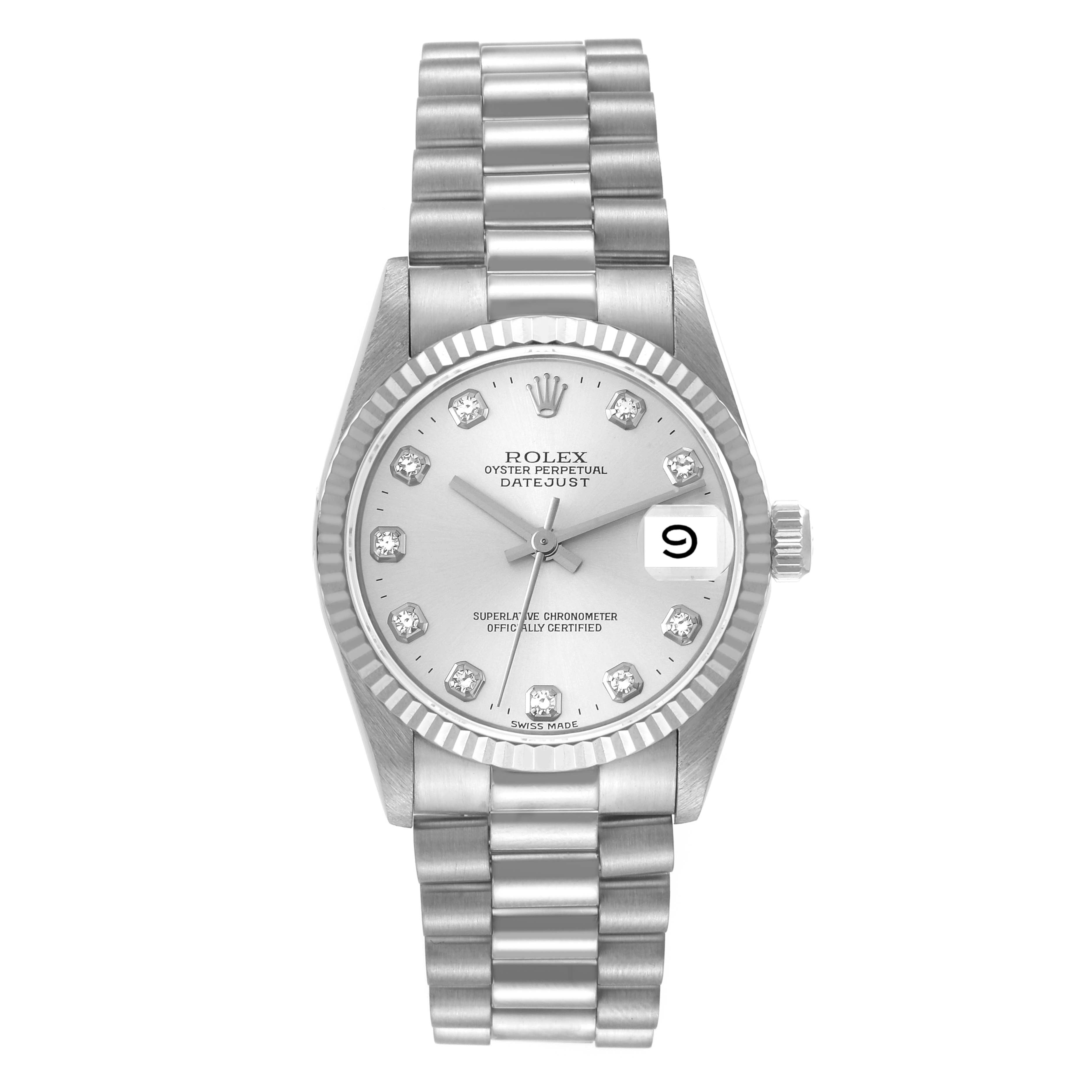 The image shows a front view of a Rolex President 68279 Women's White Gold Silver Dial 68279 Women's White Gold Silver Dial model watch, displaying the face, bezel, crown, and bracelet. 