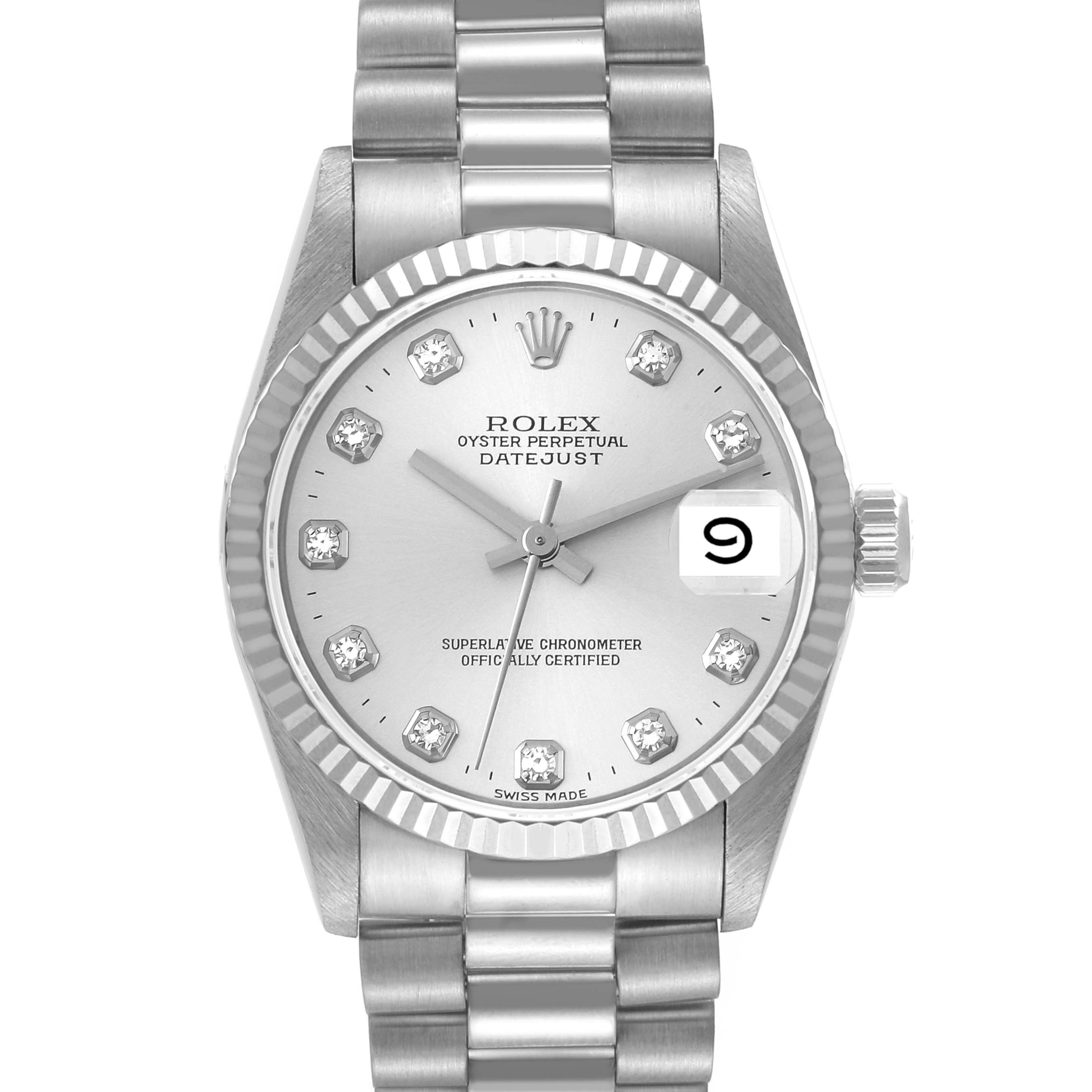 The image shows a frontal view of a Rolex President 68279 Women's White Gold Silver Dial 68279 Women's White Gold Silver Dial model watch, displaying its dial, bracelet, and date window.
