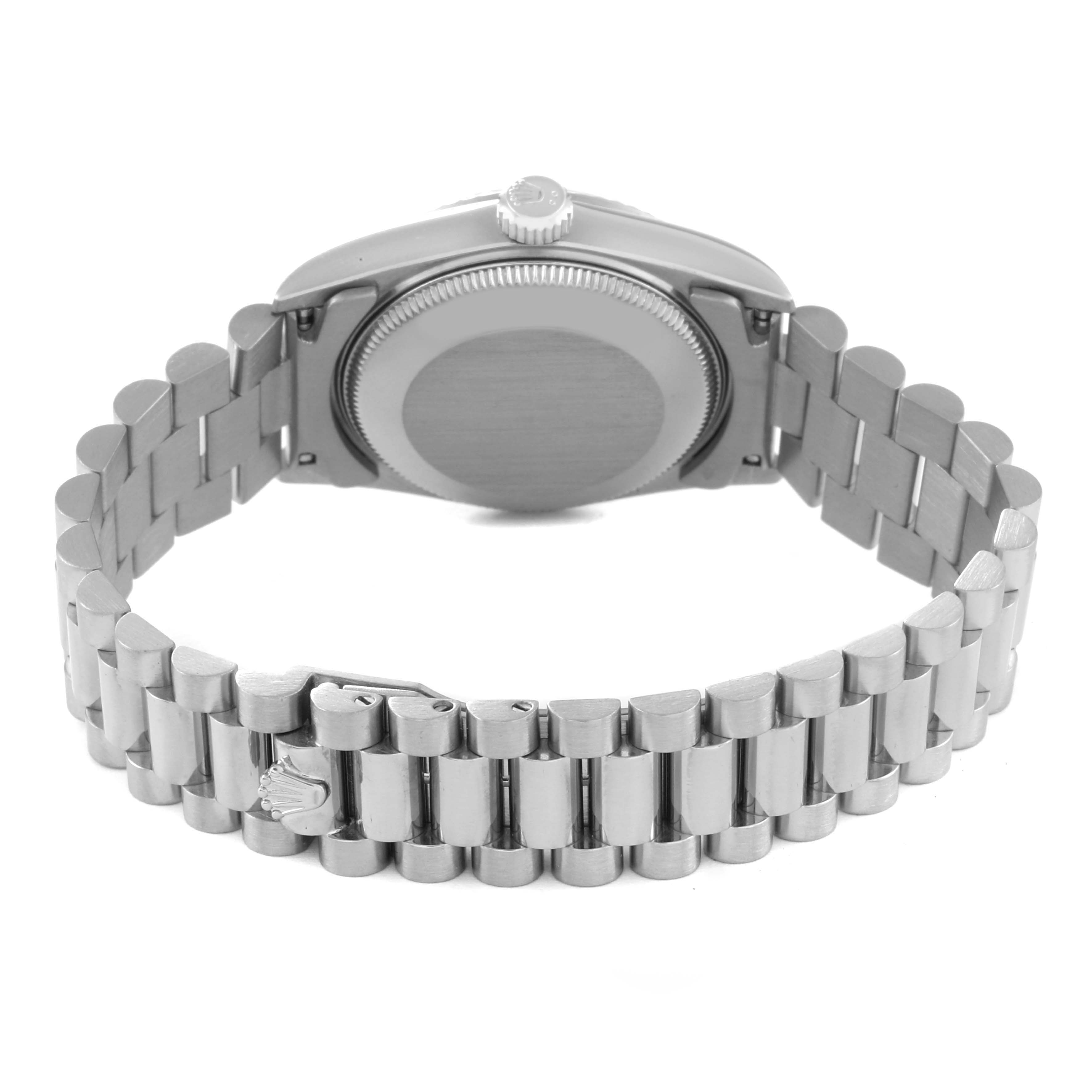 The image shows the back and clasp of a Rolex President 68279 Women's White Gold Silver Dial 68279 Women's White Gold Silver Dial model watch from a rear angle.