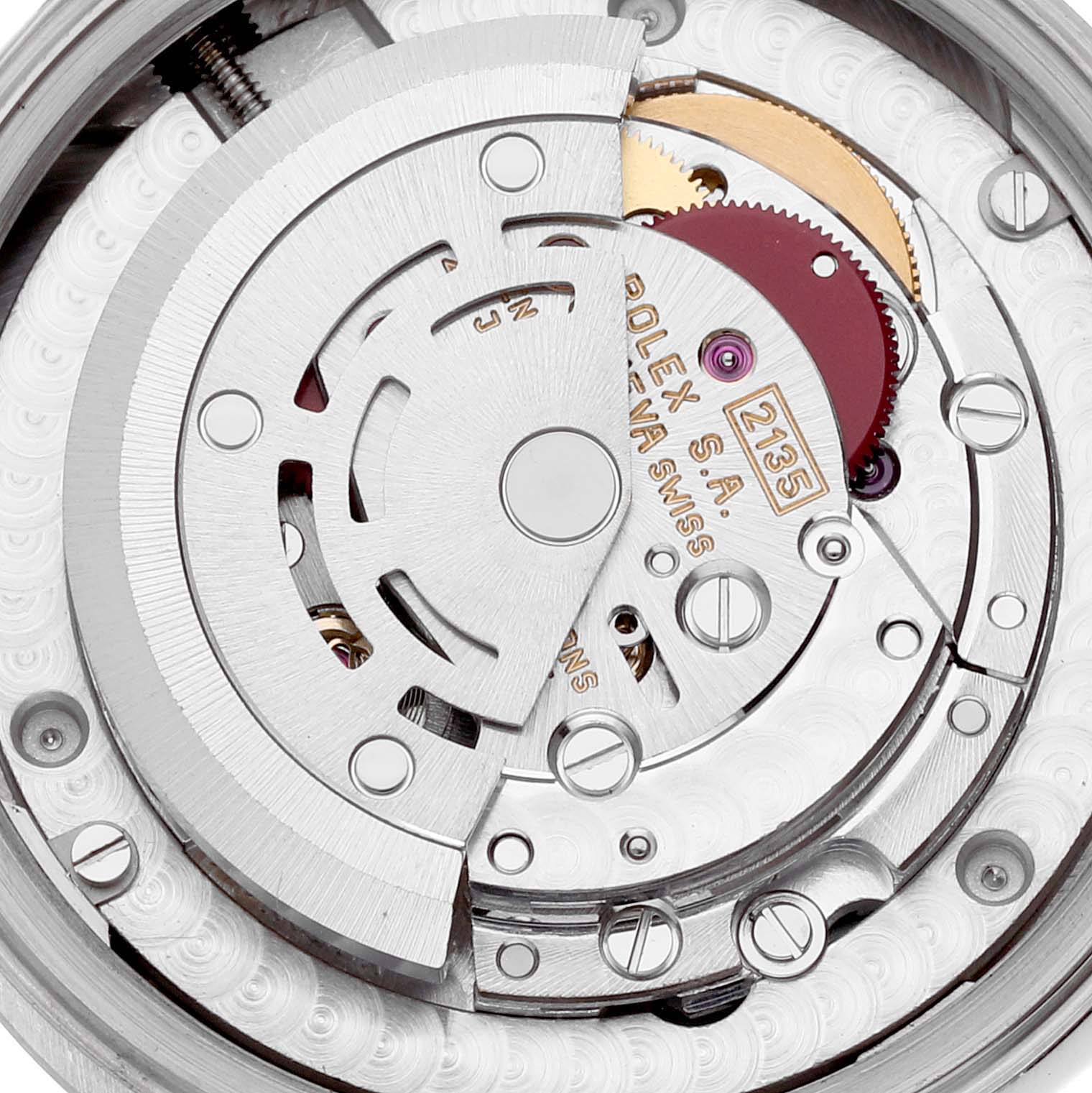 The image shows a close-up view of the Rolex President 68279 Women's White Gold Silver Dial 68279 Women's White Gold Silver Dial model's automatic movement, revealing intricate gears and components.