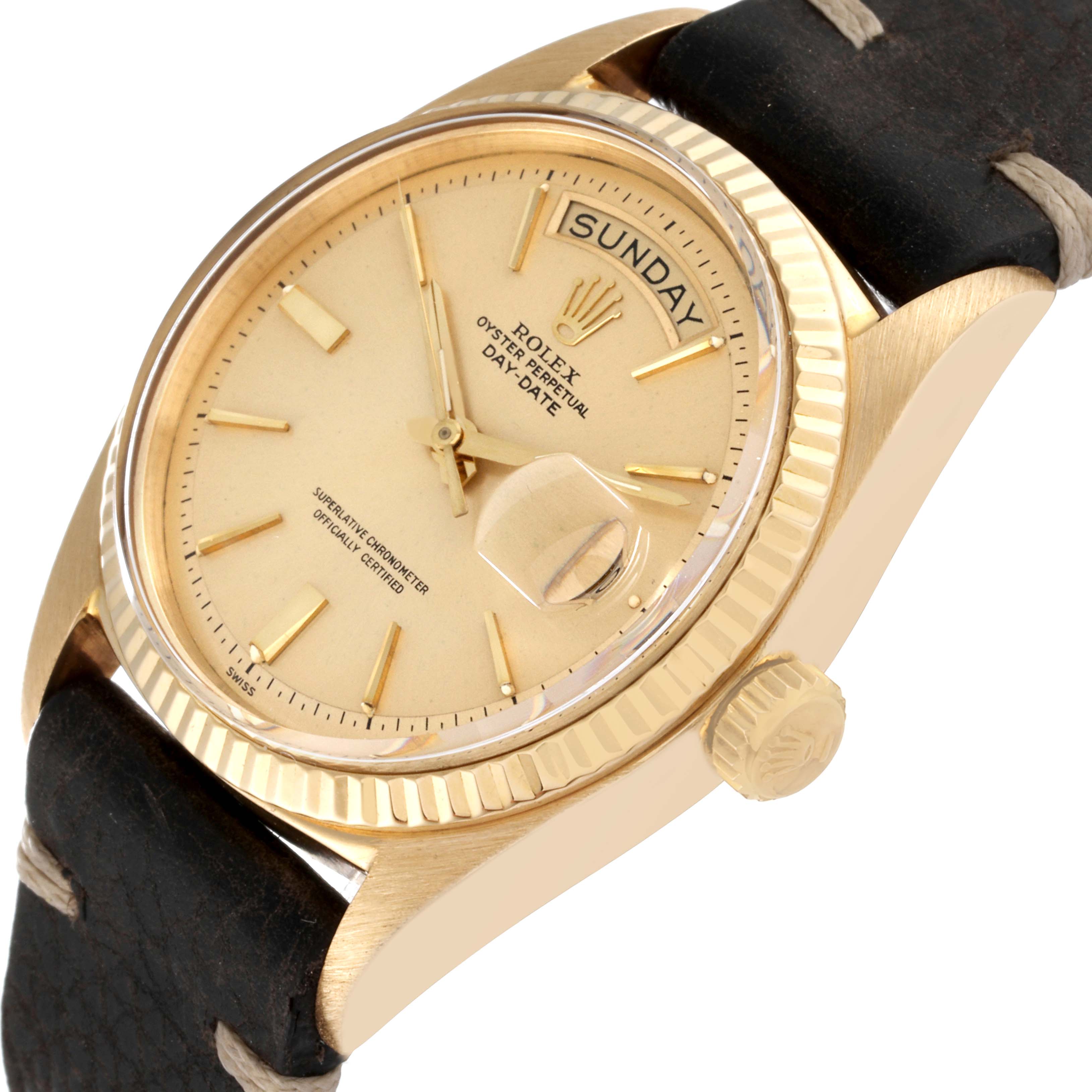 The image shows a Rolex Vintage Collection 1803 Men's Yellow Gold Champagne Dial 1803 Men's Yellow Gold Champagne Dial Day-Date watch at an angle that highlights its dial, bezel, and part of the strap.