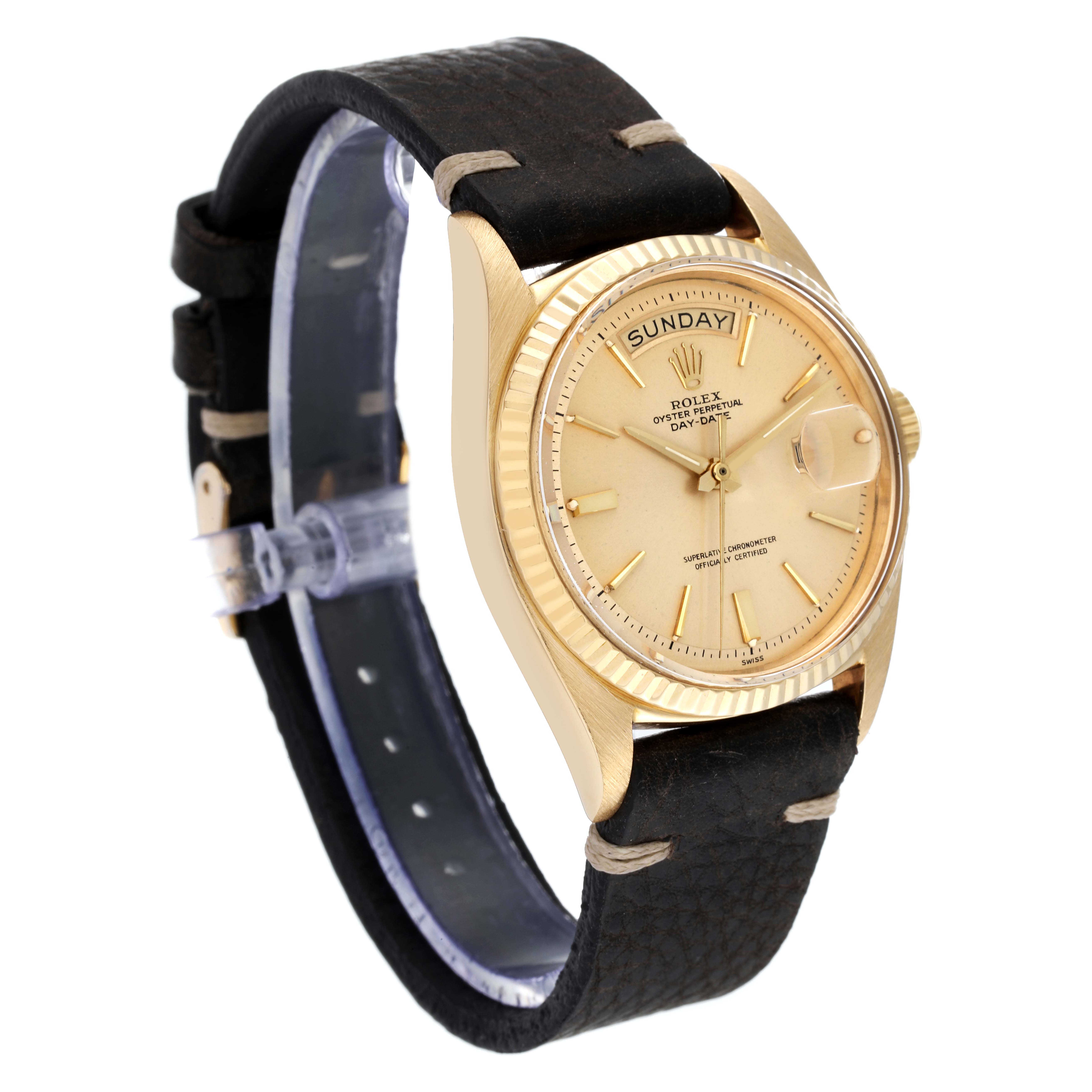 The Rolex Vintage Collection 1803 Men's Yellow Gold Champagne Dial 1803 Men's Yellow Gold Champagne Dial model watch is shown at an angled side view, highlighting the face, bezel, and leather strap.