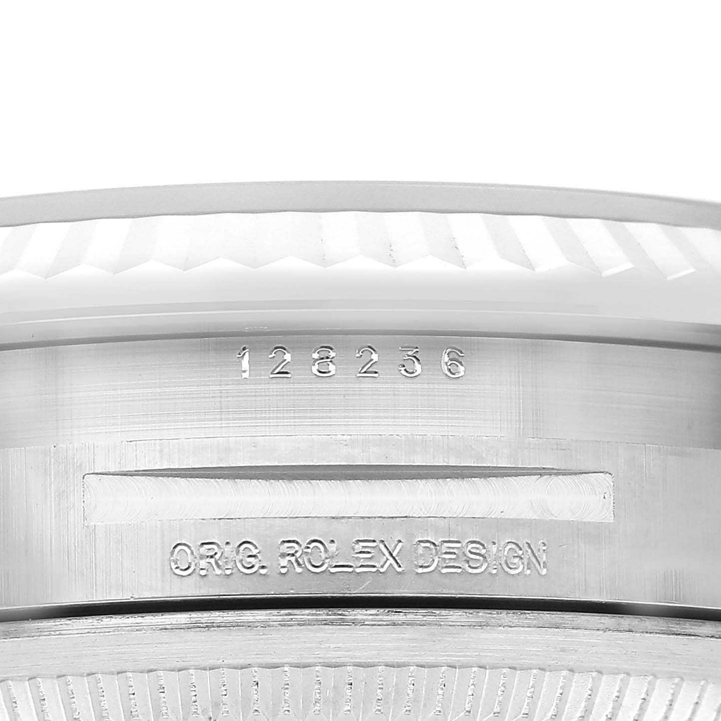 The image shows the side view of the Rolex President 128236 Men's Platinum Black Dial model, highlighting the serial number and "Orig. Rolex Design" engraving.