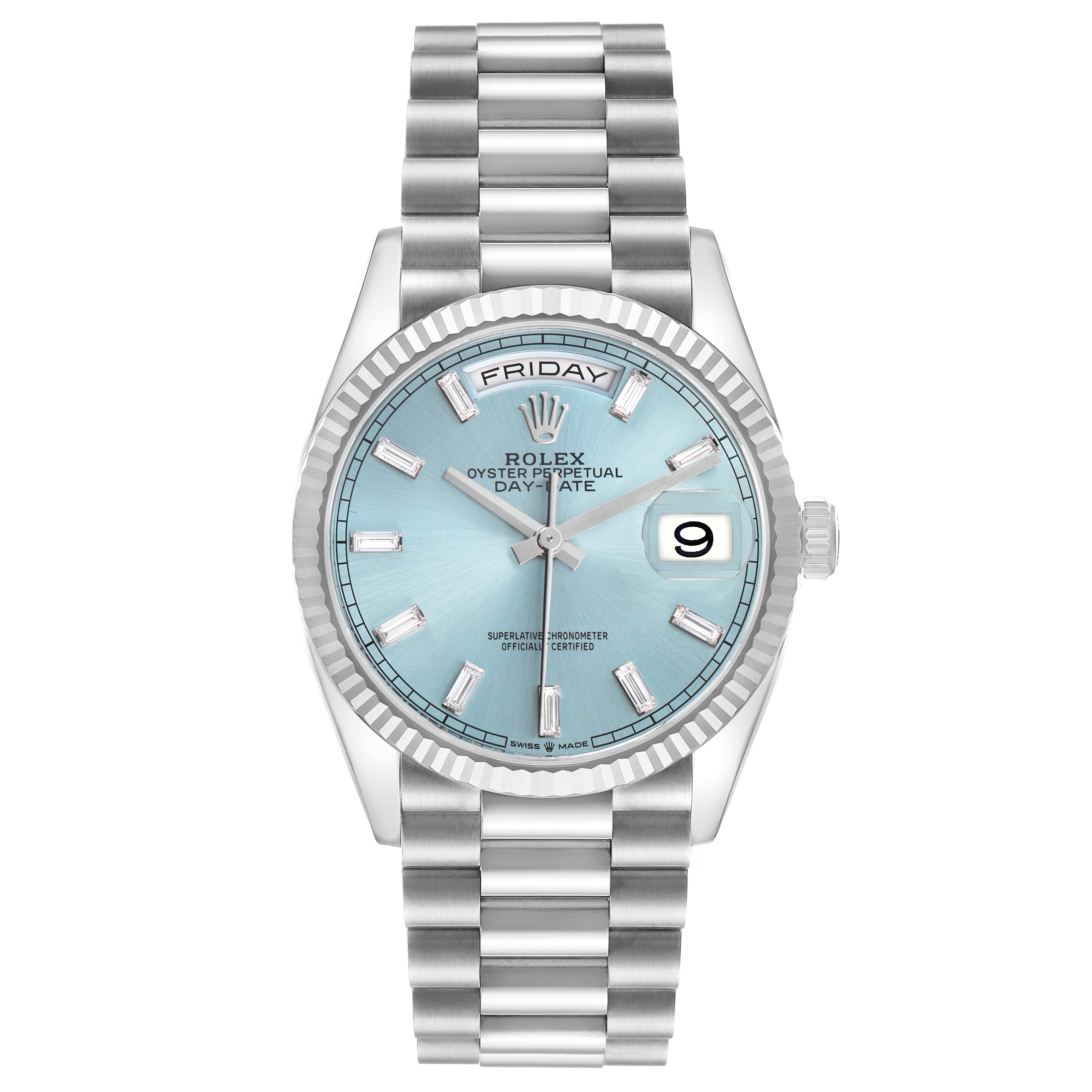 The Rolex President 128236 Men's Platinum Black Dial watch is shown from a top-down angle, displaying its full dial, bracelet, and bezel.