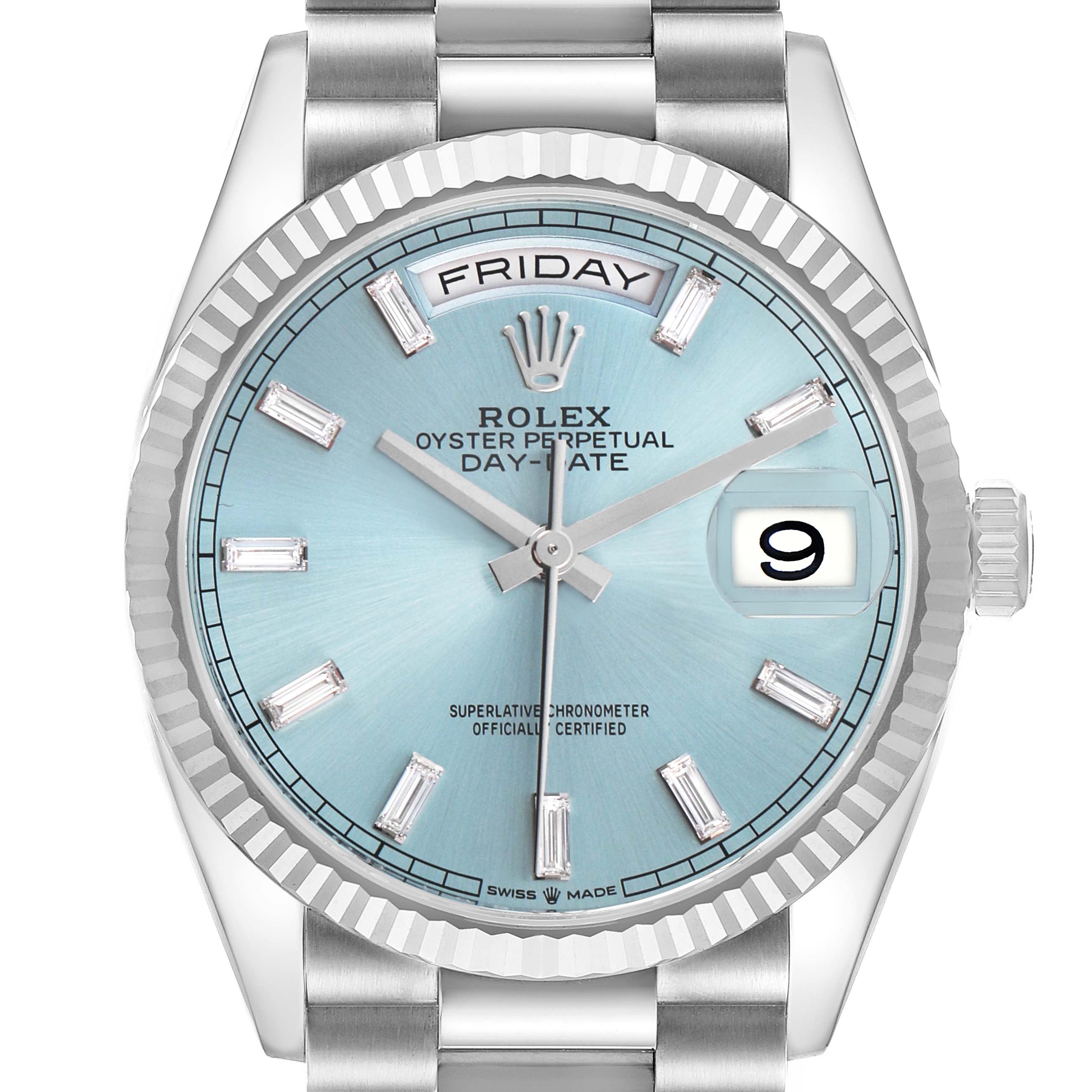 The Rolex President 128236 Men's Platinum Black Dial model is shown from a front angle, displaying the dial, hands, date, and part of the bracelet.
