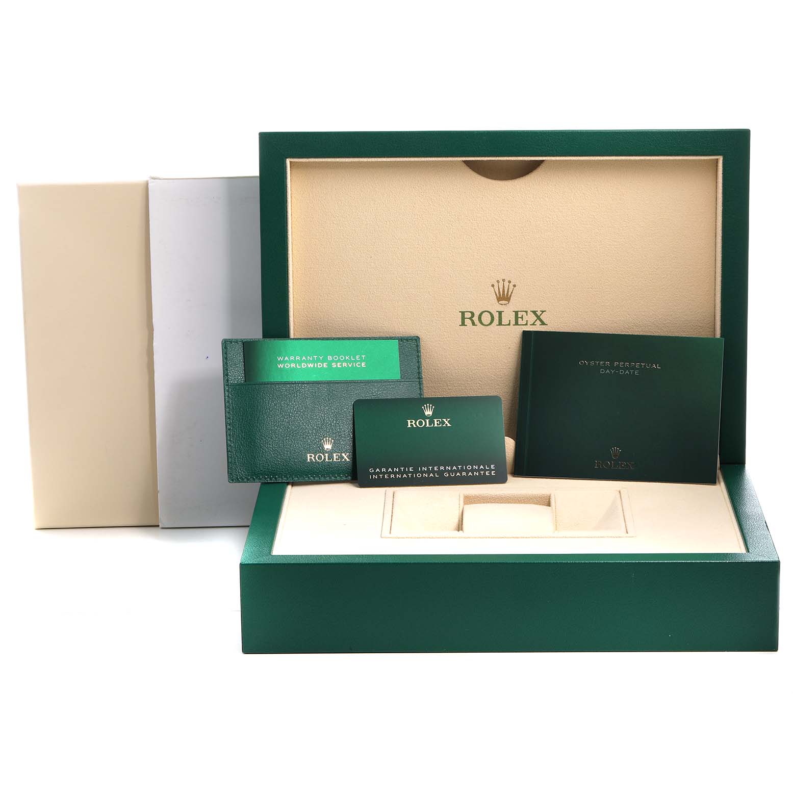 The image shows the packaging and warranty cards for a Rolex President 128236 Men's Platinum Black Dial model, including the box and manuals.