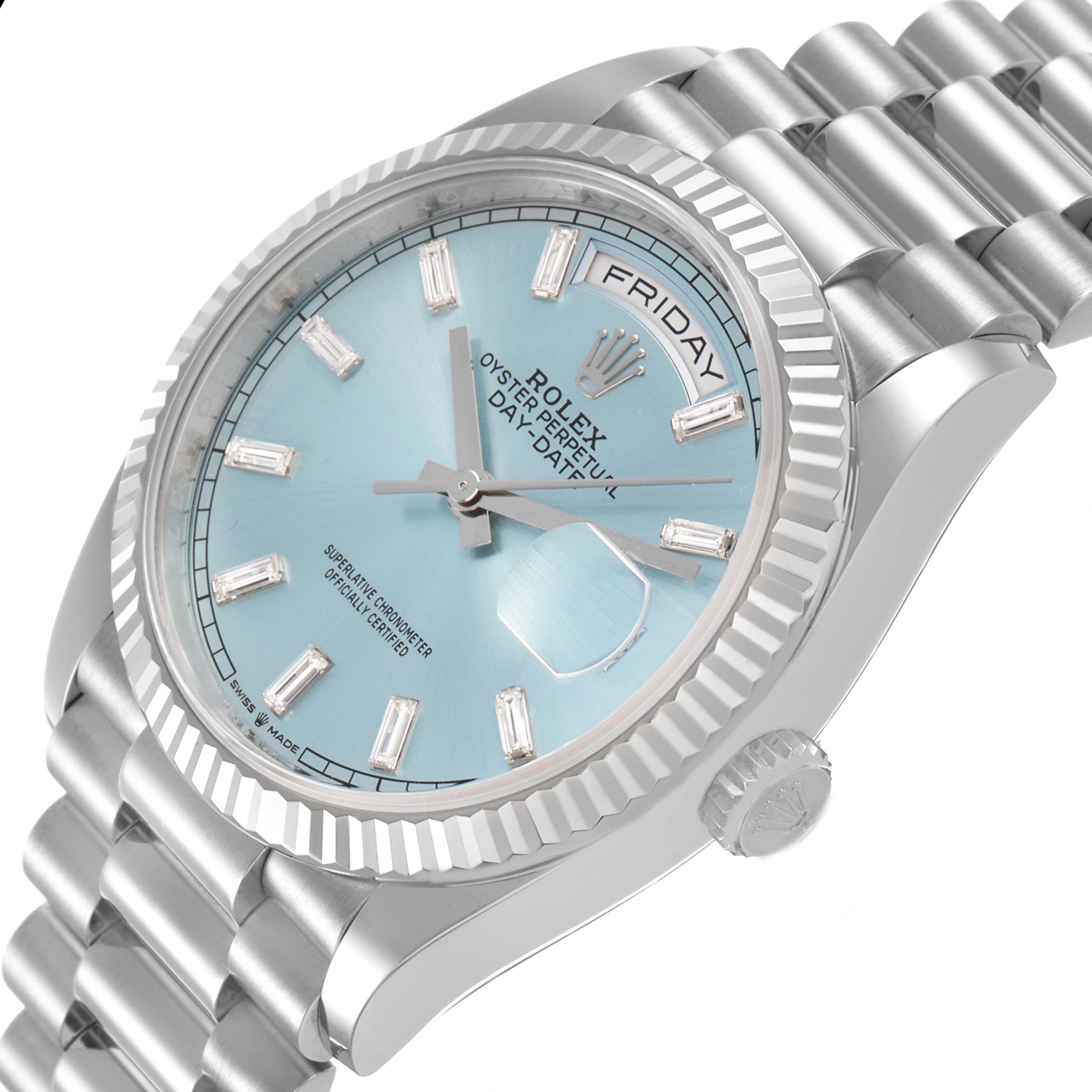 The Rolex President 128236 Men's Platinum Black Dial watch is shown at a slight angle, highlighting the face, fluted bezel, and the beginning of the bracelet.