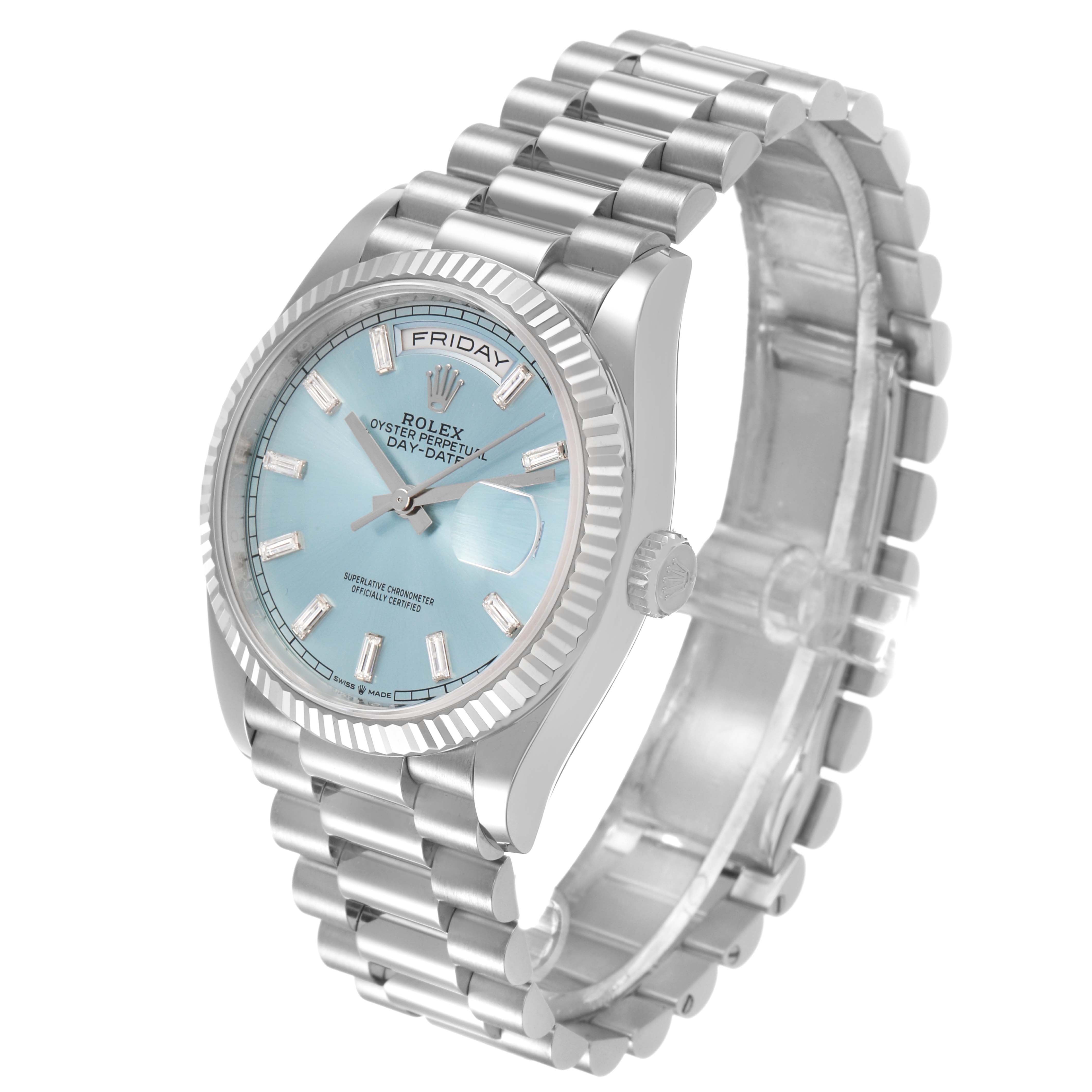 The Rolex President 128236 Men's Platinum Black Dial model watch is shown at a three-quarter angle, highlighting the face, bracelet, and bezel.