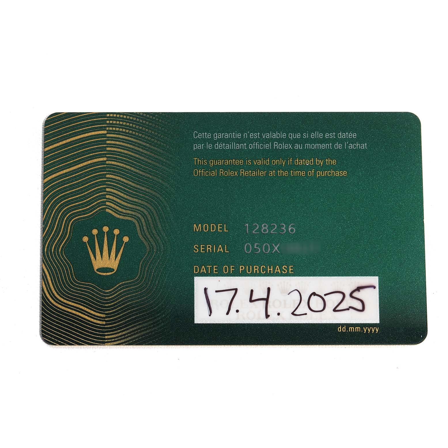 This image shows a Rolex warranty card for the President model, displaying model and serial numbers.