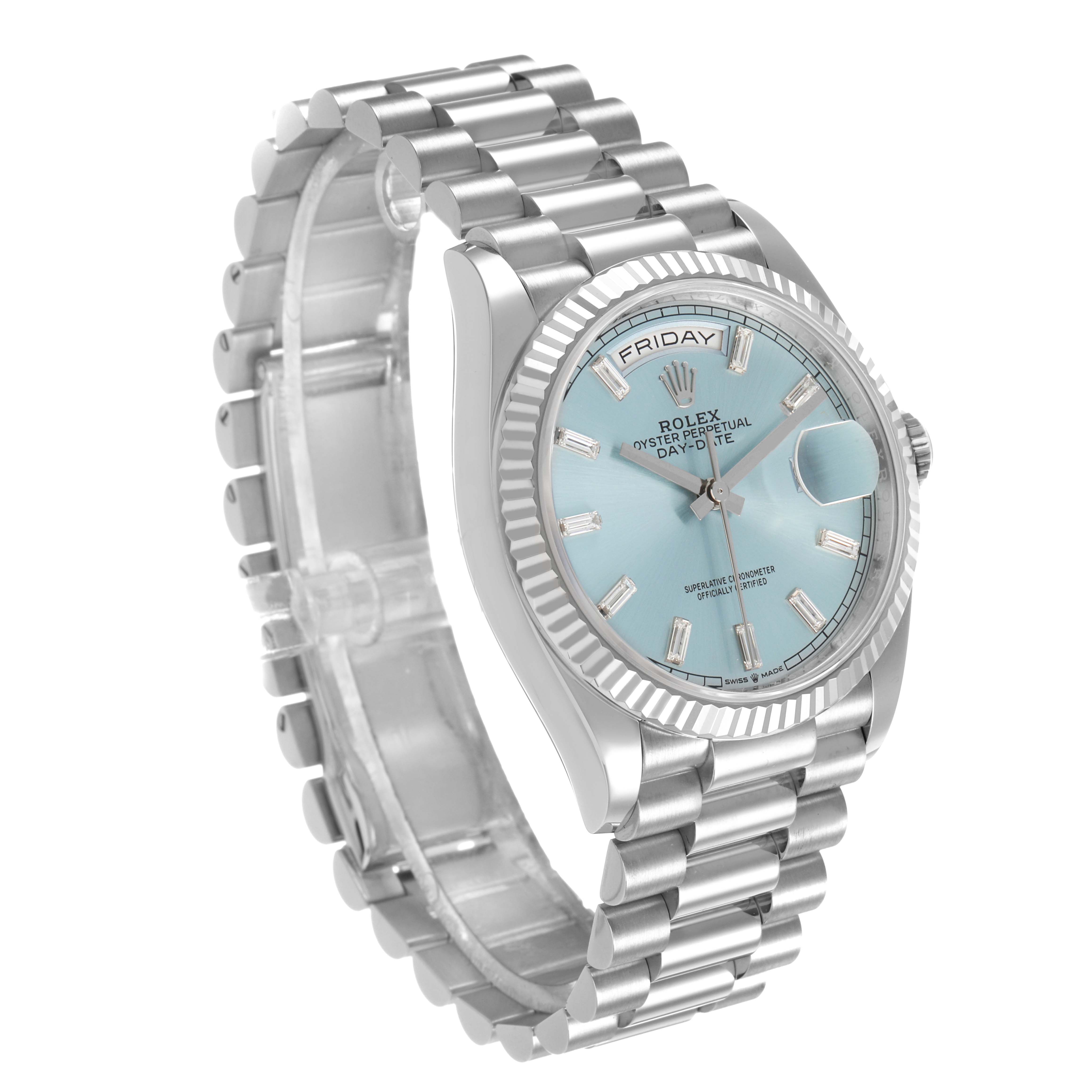 The Rolex President 128236 Men's Platinum Black Dial model watch is shown at an angled top view, highlighting its face, bezel, and bracelet.