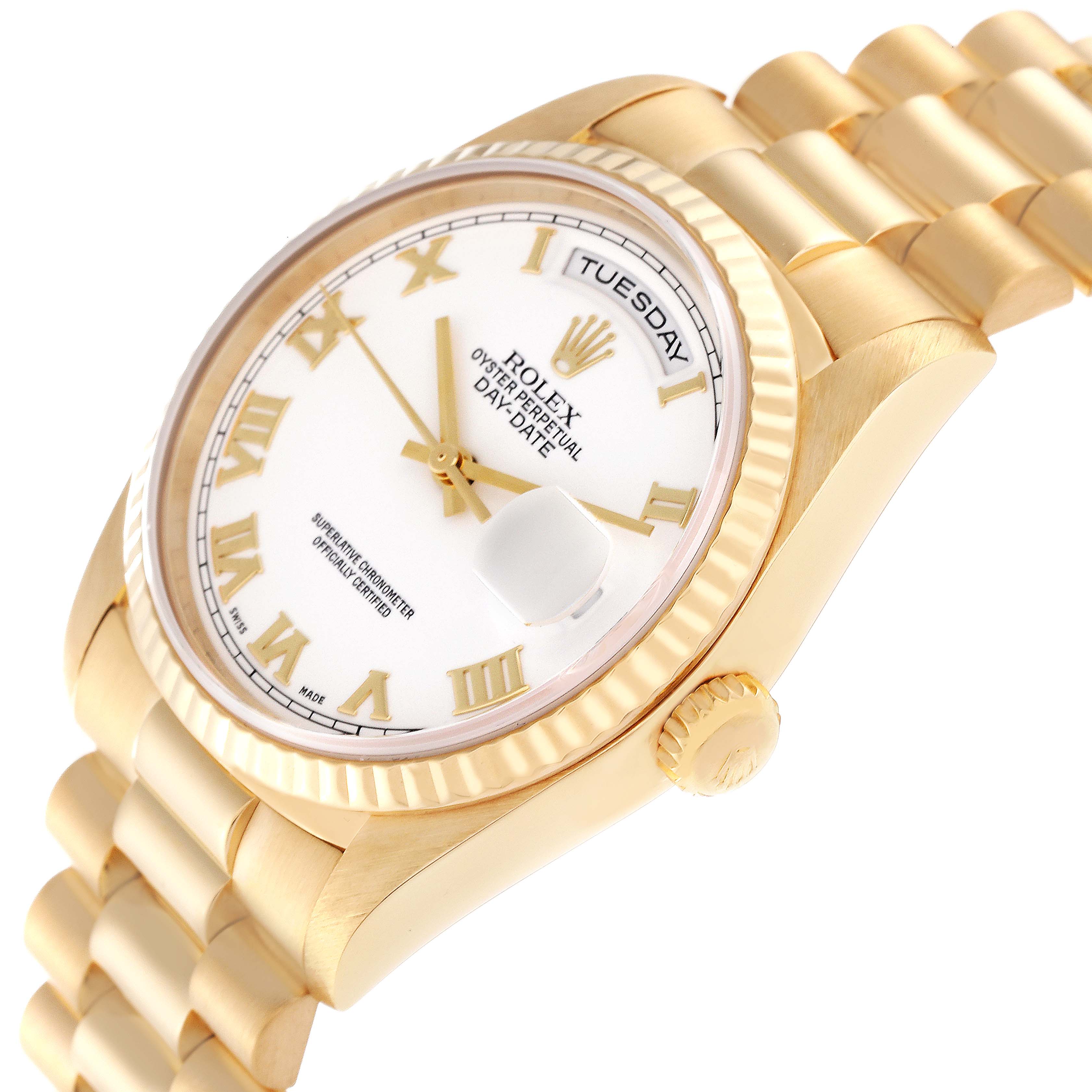 This image shows a close-up angle of a Rolex President 18238 Men's Yellow Gold White Dial 18238 Men's Yellow Gold White Dial Day-Date watch, highlighting the crown, bezel, dial, and part of the bracelet.