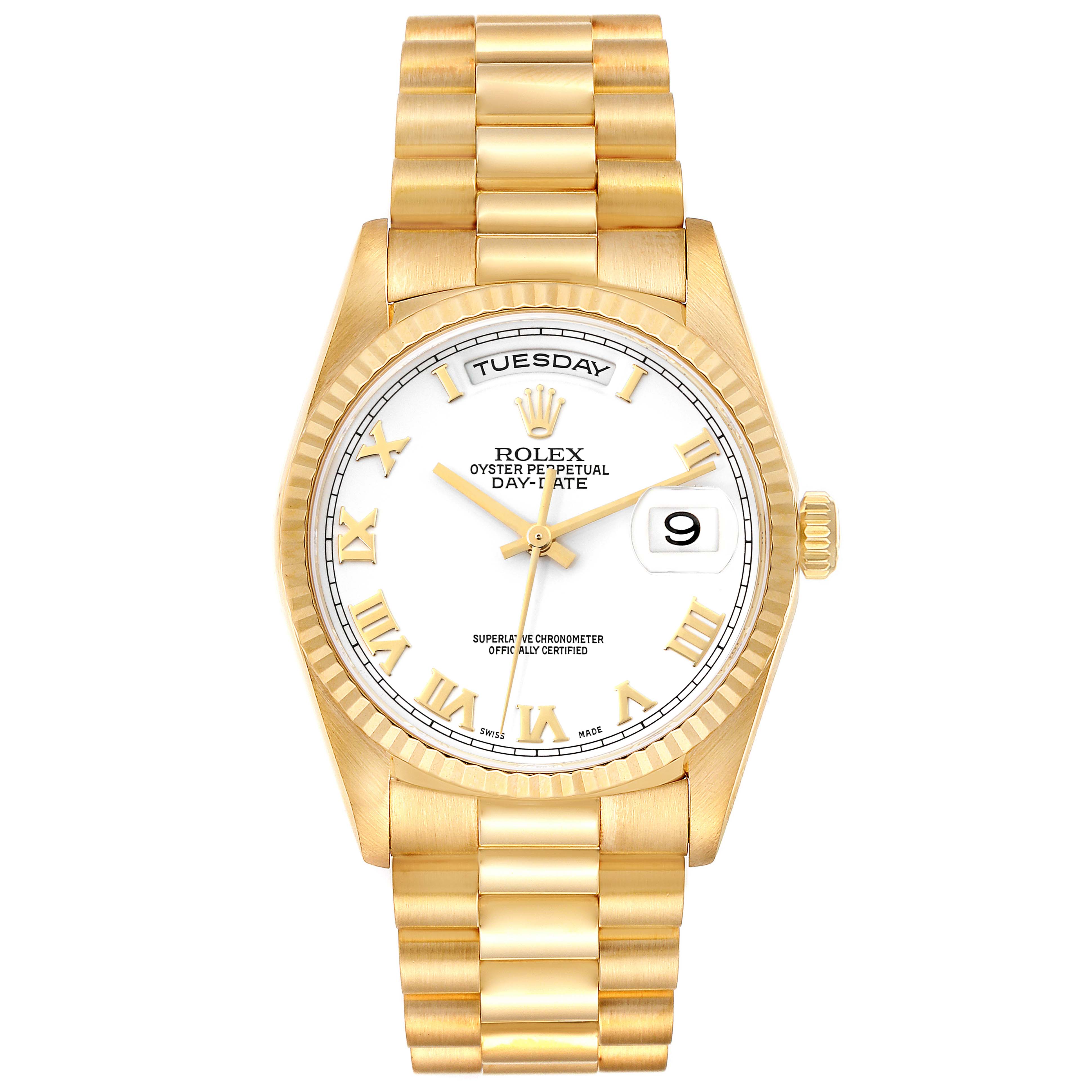 The image shows a Rolex President 18238 Men's Yellow Gold White Dial 18238 Men's Yellow Gold White Dial Day-Date model watch from a top-down angle, highlighting the dial, case, and band.