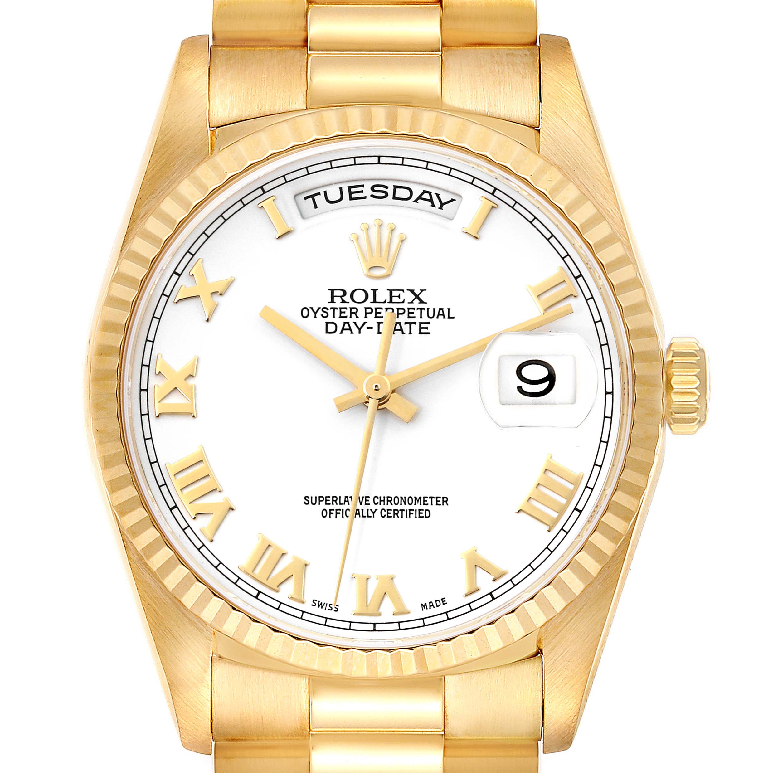 This image shows a front view of a Rolex President 18238 Men's Yellow Gold White Dial 18238 Men's Yellow Gold White Dial Oyster Perpetual Day-Date, highlighting its gold case, bracelet, and dial.